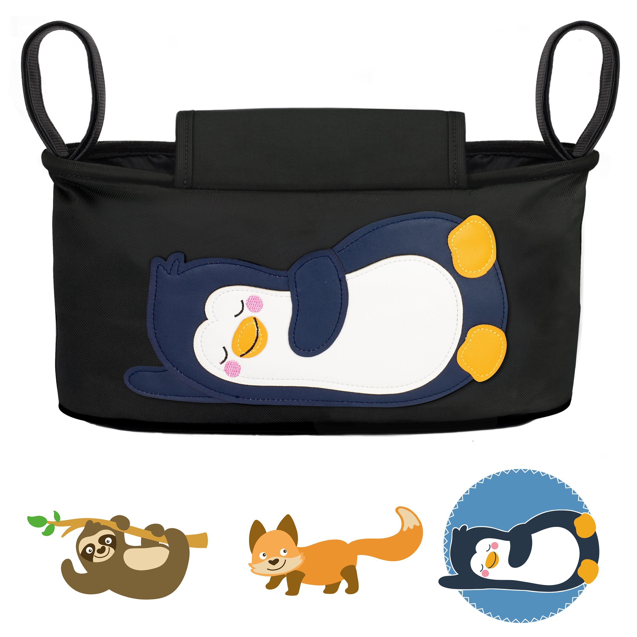 GLÜCKSWOLKE Kinderwagen-Tasche in Grau oder Schwarz I 6 Motive I Kinderwagentasche & Buggy Organizer, Kinderwagen Tasche mit Getränkehalter und Feuchttücherfach