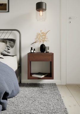 Woodek Design Nachttisch HUGO 39, Skandinavischer Beistelltisch (Ablagetisch aus brauner Birke, 1-St., Minimalistischer Nachtschrank), Schwebendes Wandregal mit Schublade