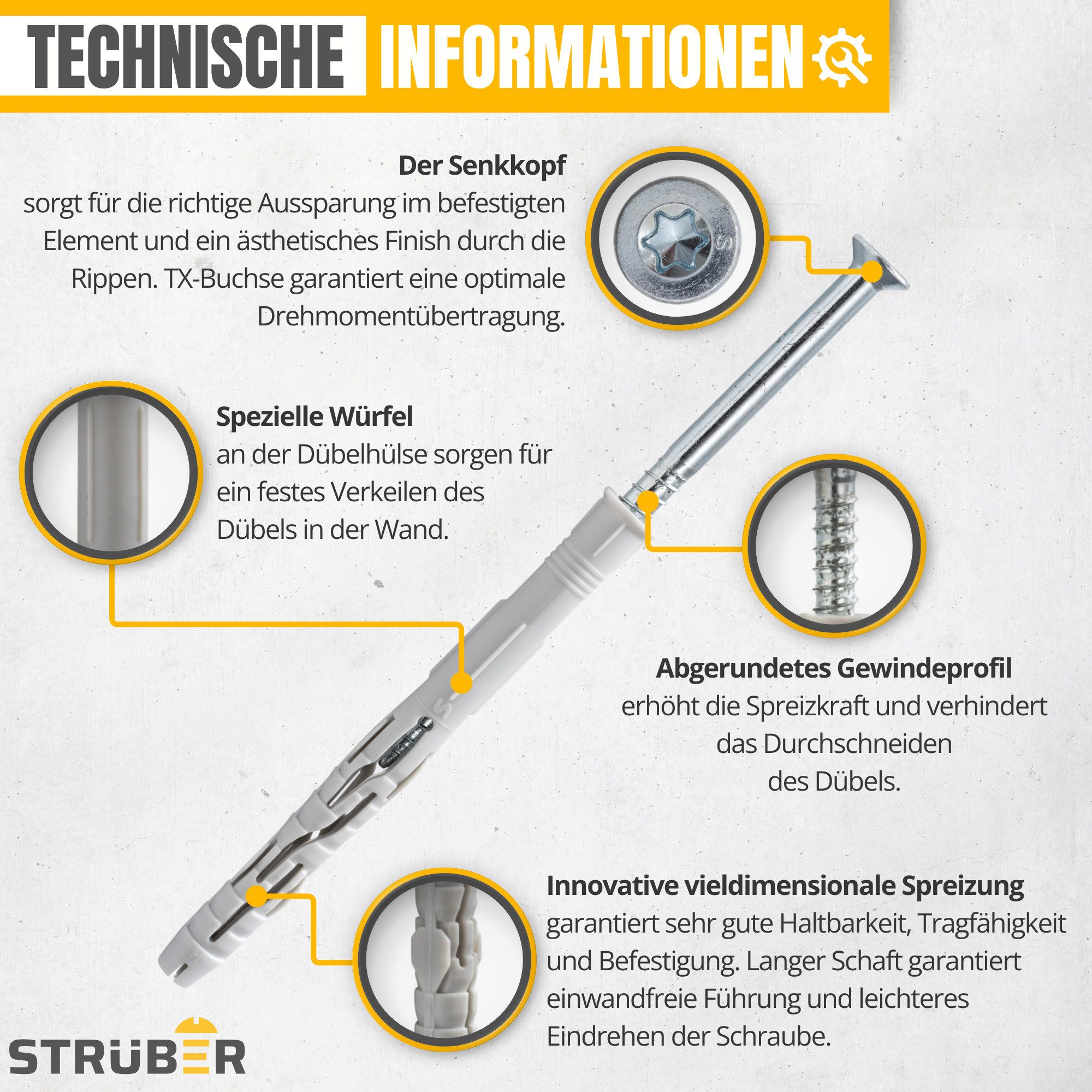 STRÜBER Schrauben- und Dübel-Set Rahmendübel aus Nylon mit Senkkopfschrauben und TX-Buchse