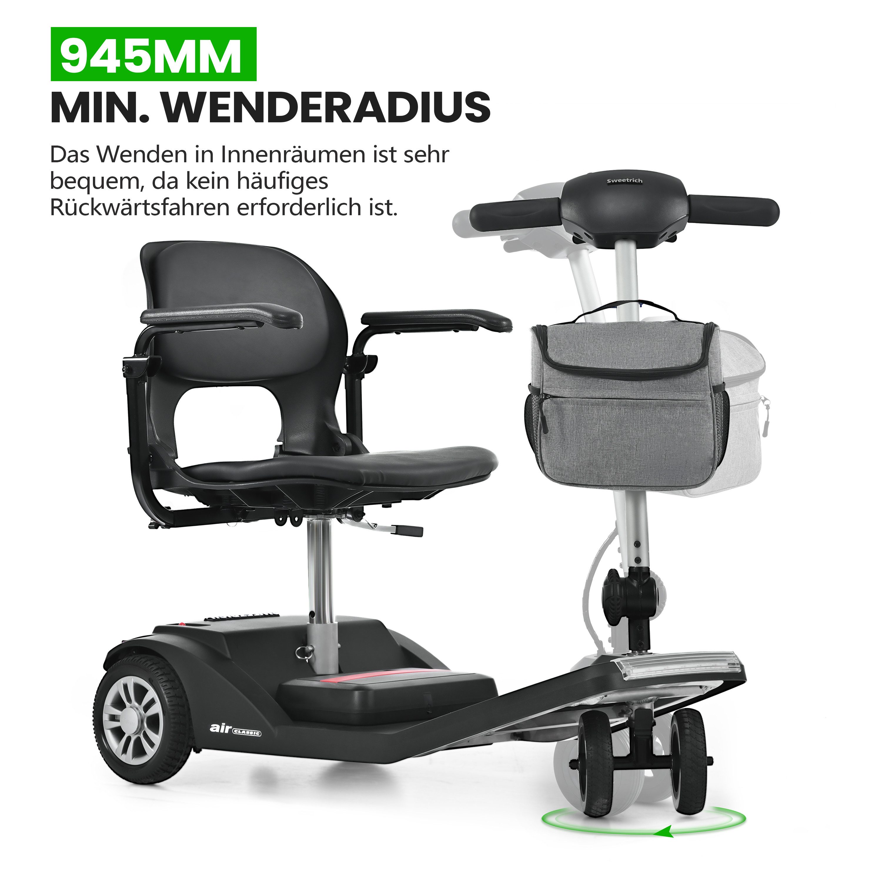 LVHOM Electric Mobility Scooter, Portable Aluminum (Lightweight yet Sturdy) - Senior Mobility Scooter, 4-Wheel, Foldable (can be taken in car trunks and on airplanes). Ergonomic seat (height-adjustable, 360° swivel) with armrests and front basket, front/rear LED lights with brake light and electromagnetic brake, high-quality collapsible aluminum alloy frame, [12Ah, 250W, 945mm]. 120 kg load capacity. 25 km/h. 20 km range. Airplane-compatible folding design (115 x 53.5 x 37 cm when packed), mobility freedom for generations, total weight: 29 kg