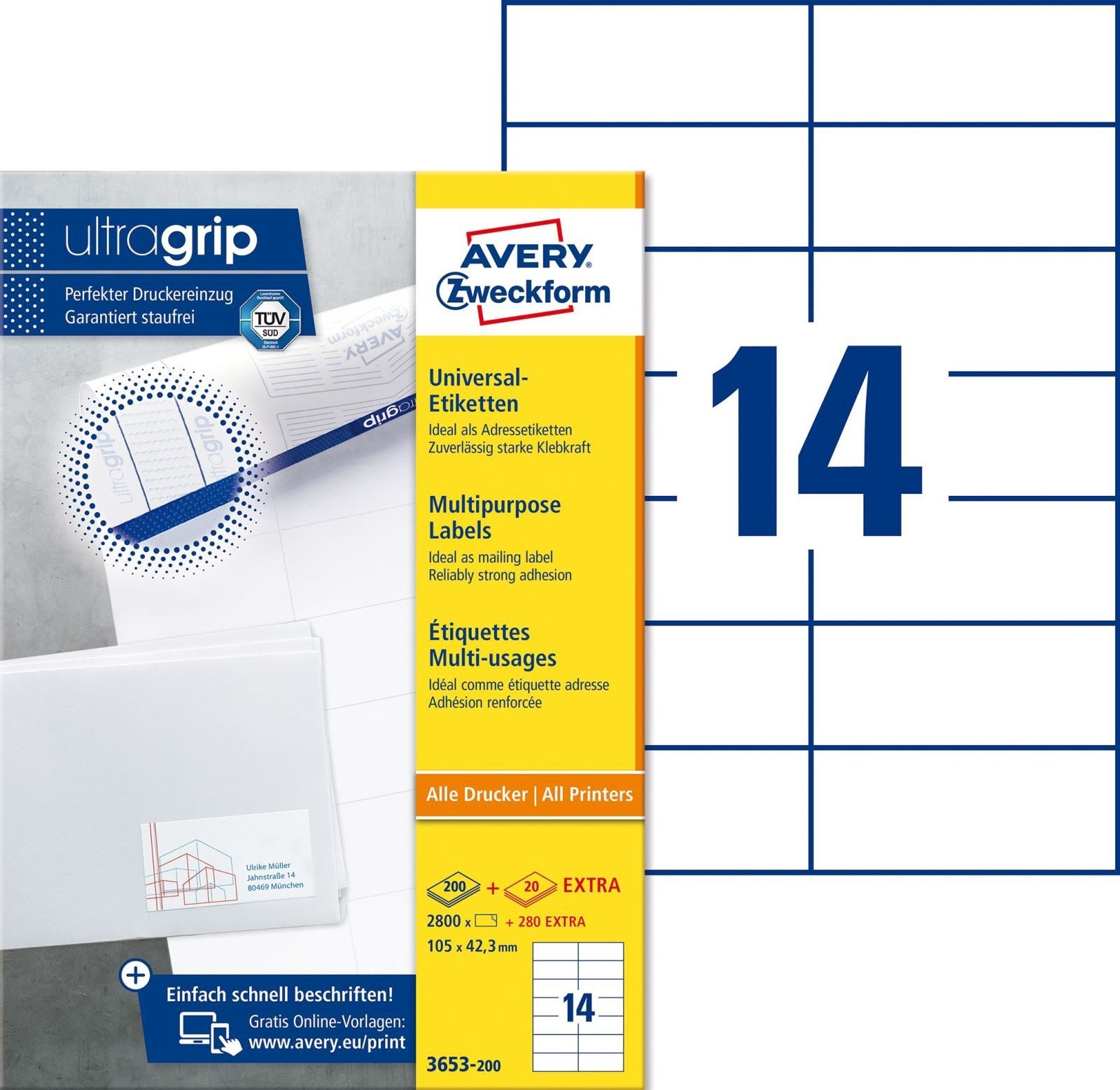 Avery Zweckform Etiketten Universal-Etiketten ultragrip 105x42,3 mm VE=3.080 Etiketten / 220 Bog