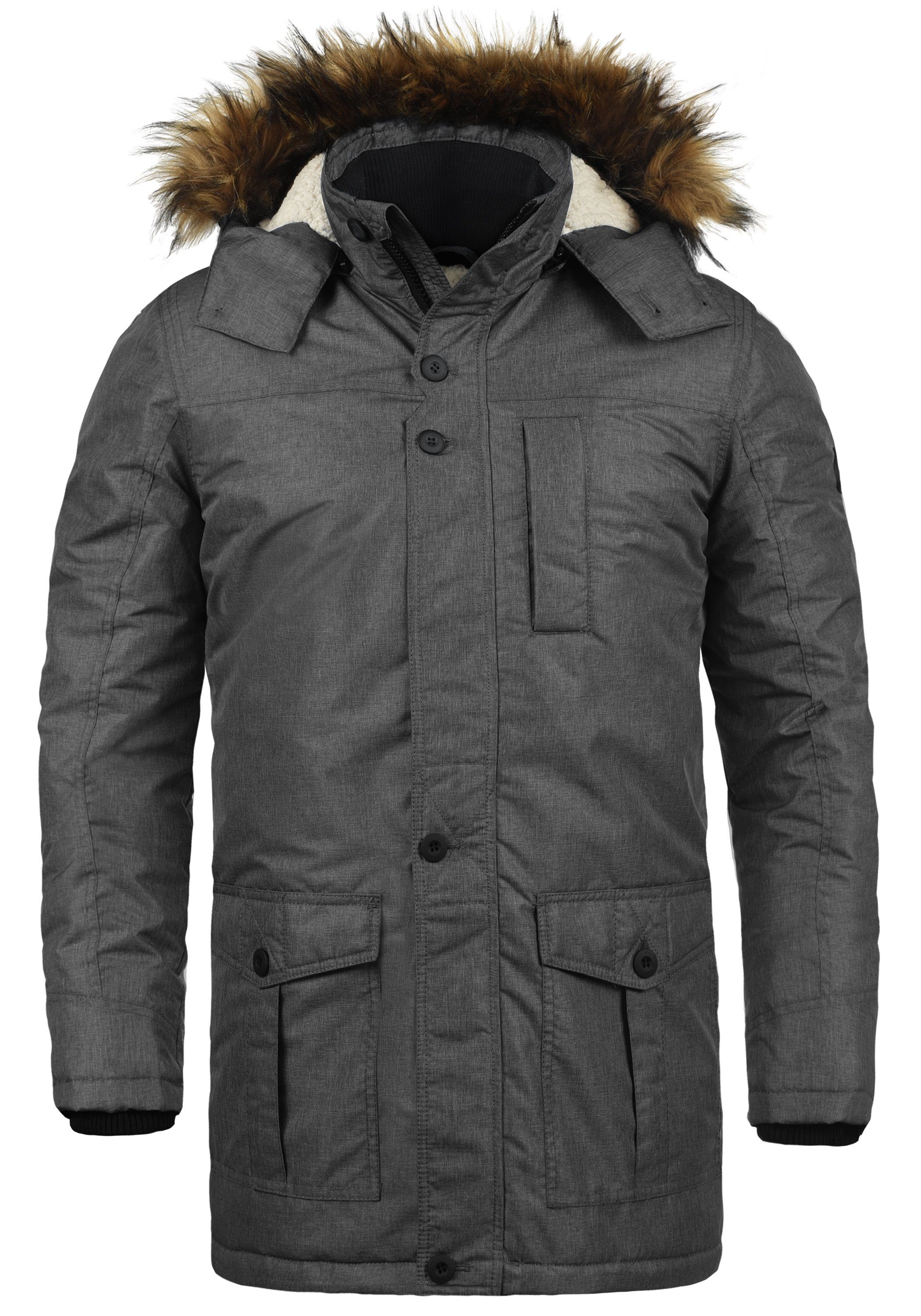 !Solid Winterjacke SDOctavus lange Jacke mit abnehmbarer Kapuze und Kunstfellkragen Black Melange (9000M)