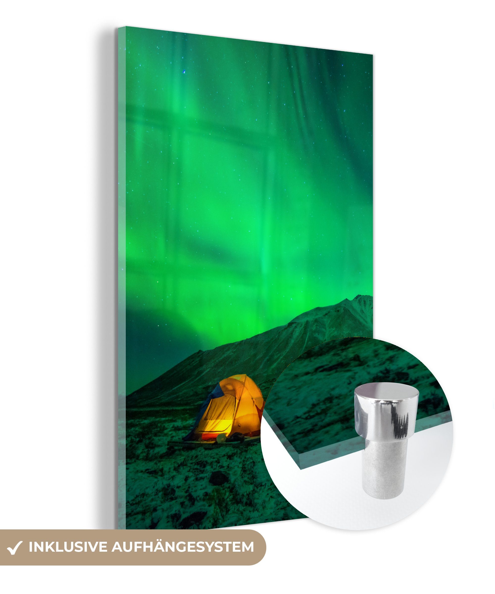 MuchoWow Acrylglasbild Nordlichter - Zelt - Berg, (1 St), Glasbilder - Bilder auf Glas Wandbild - Foto auf Glas - Wanddekoration bunt