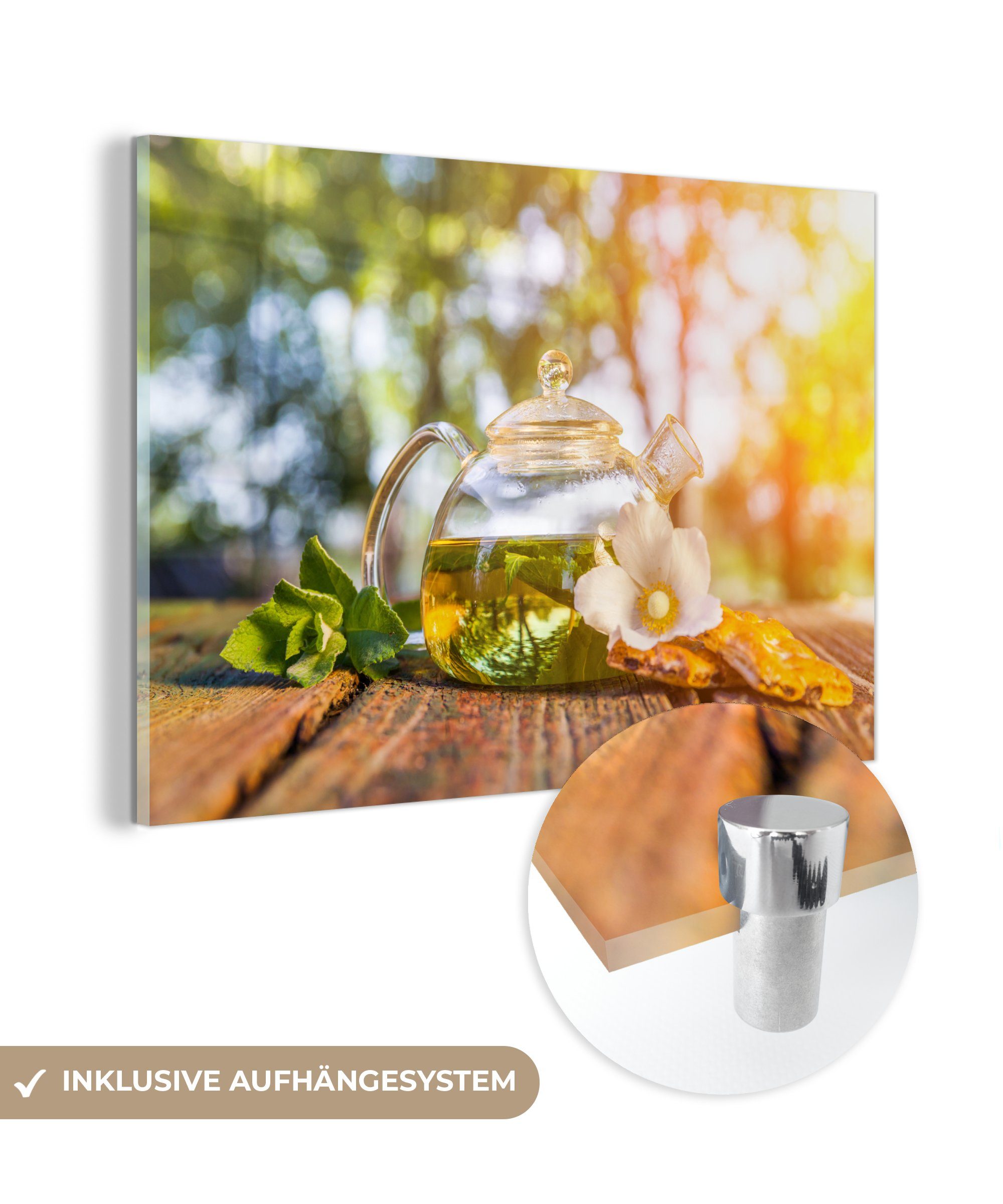 MuchoWow Acrylglasbild Eine transparente Teekanne mit Tee im Sonnenlicht, (1 St), Acrylglasbilder Wohnzimmer & Schlafzimmer