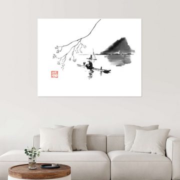 Posterlounge Poster Péchane, Fischer auf dem Fluss, Wohnzimmer Feng Shui Malerei