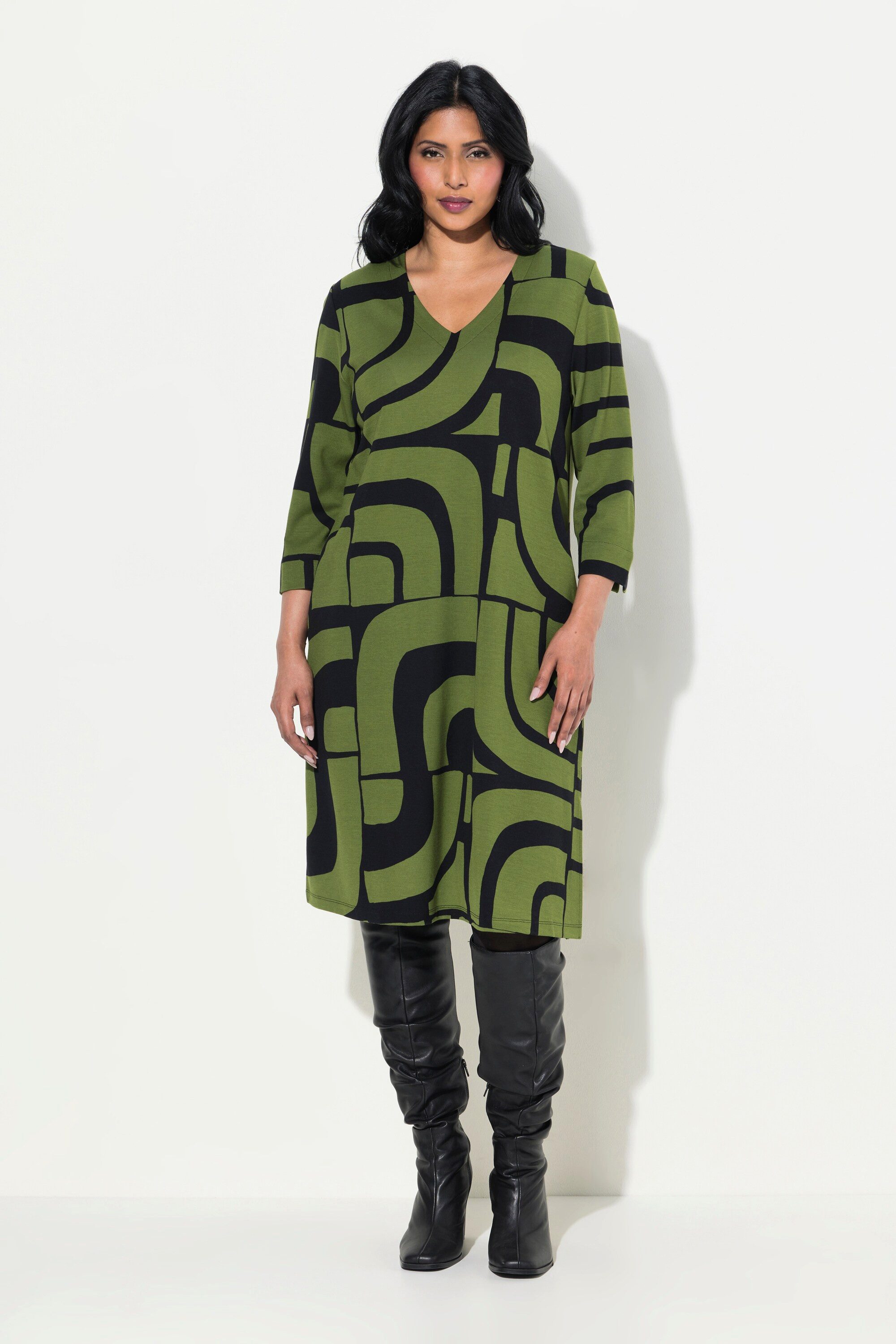 Ulla Popken Minikleid Punto-Kleid A-Linie V-Ausschnitt günstig online kaufen