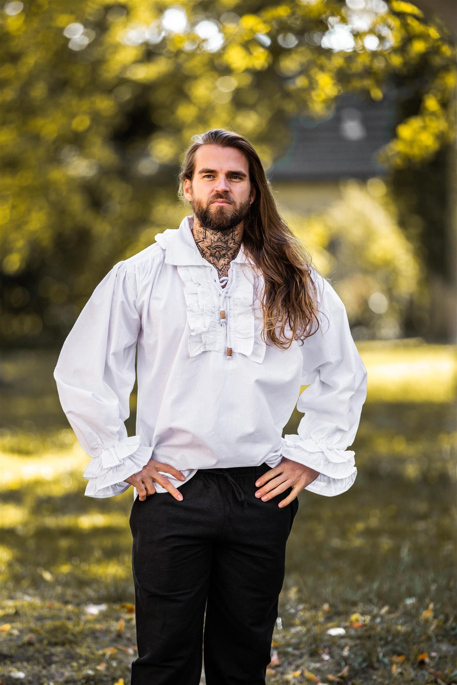 Leonardo Carbone Piraten-Kostüm Rüschenhemd "Dracula" mit Schnürkragen, Rüschenbündchen, Holzknopf-Details