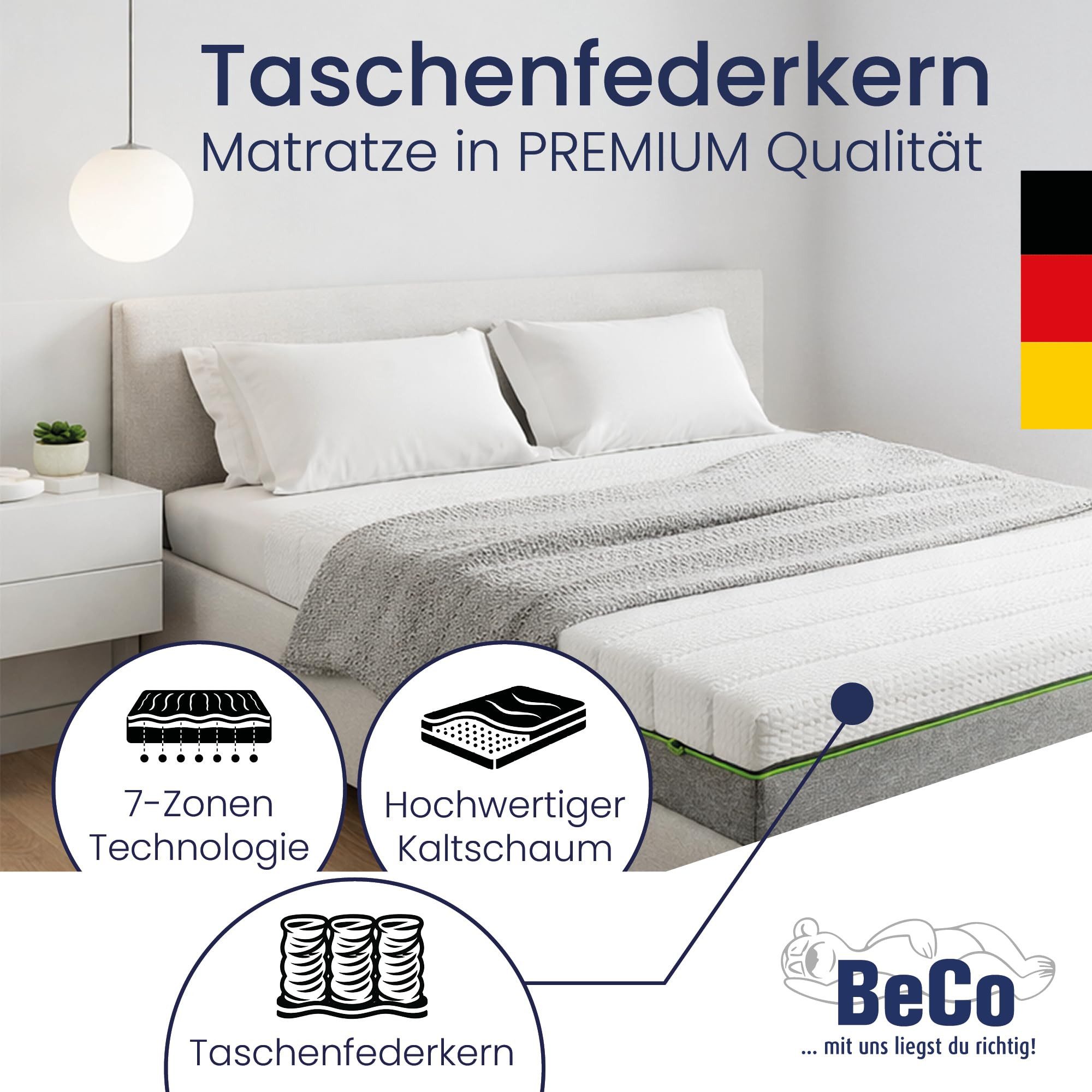 Taschenfederkernmatratze Feel like Latex, Beco, 24 cm hoch, innovative PUR like Latex Auflage, "Sehr gut" getestet