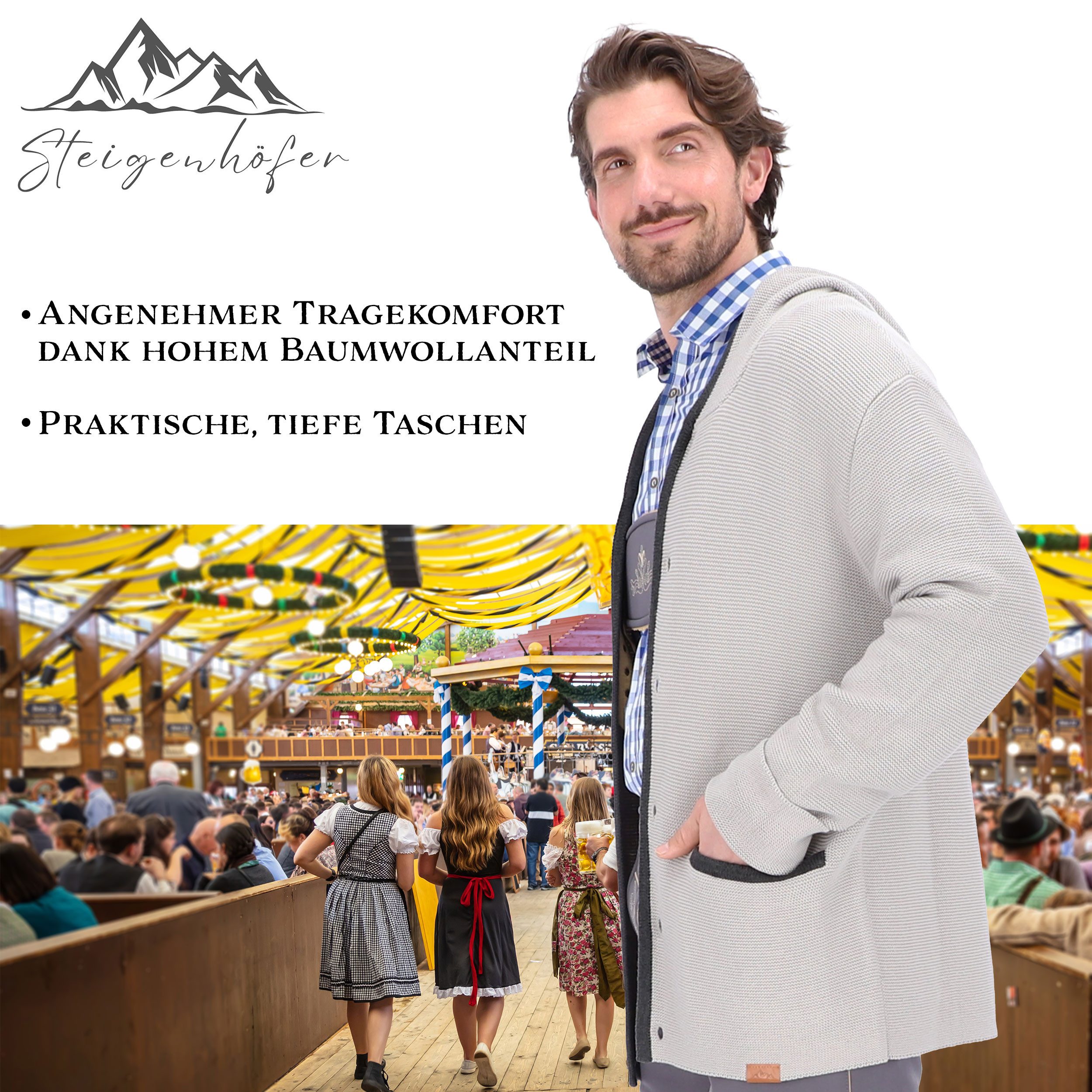 Steigenhöfer Manufaktur Trachtenstrickjacke MAX Cardigan für Männer mit Kapuze Oktoberfest Outfit Hornoptik Knöpfe