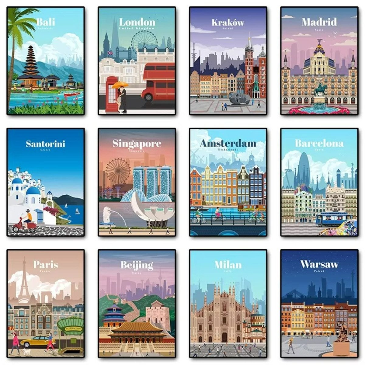 TPFLiving Kunstdruck (OHNE RAHMEN) Poster - Leinwand - Wandbild, Amsterdam Tokio London Insel Bali Vancouver Reiseposter Leinwand (Leinwandbild XXL), Farben: Blau, Orange, Rot, Grün, Weiß, Braun - Größe: 20x30cm