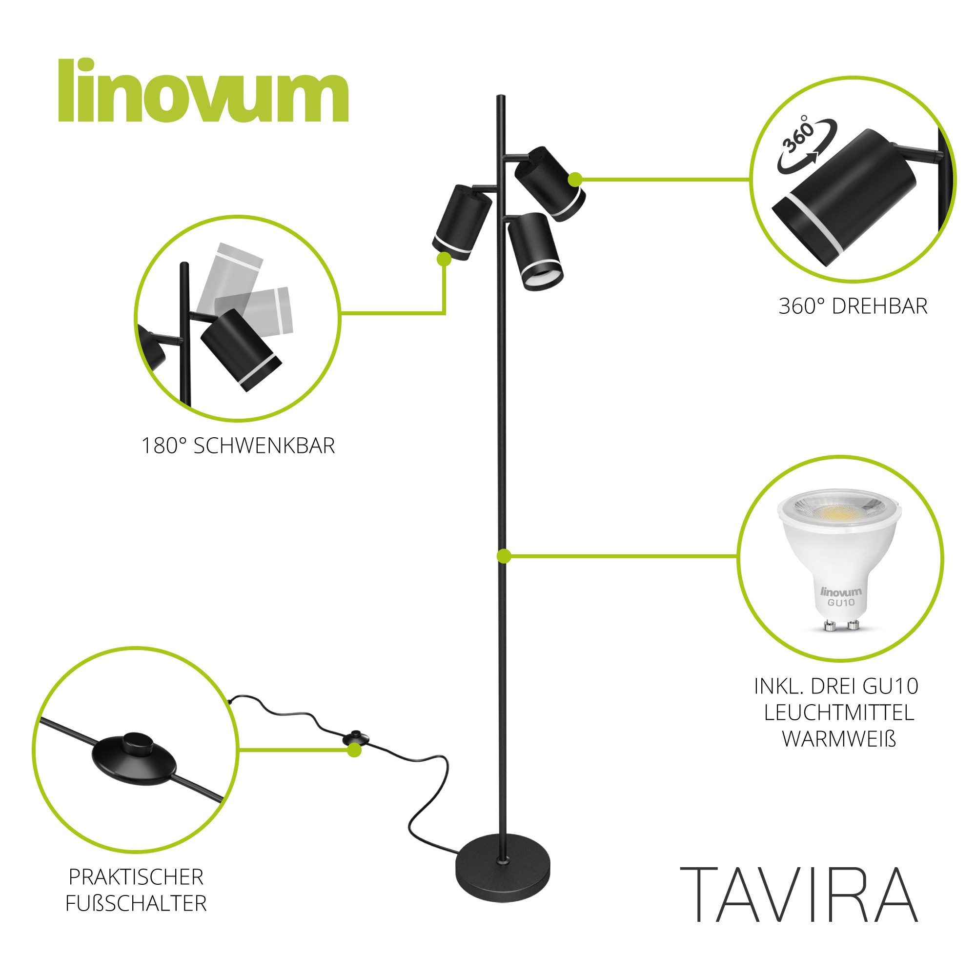 linovum LED Spiegelleuchte Stehleuchte TAVIRA drehbar inkl. 3x GU10 Lampen 6W 3 Lichtfarben 3CCT, Neutralweiß, Warmweiß, Tageslichtweiß