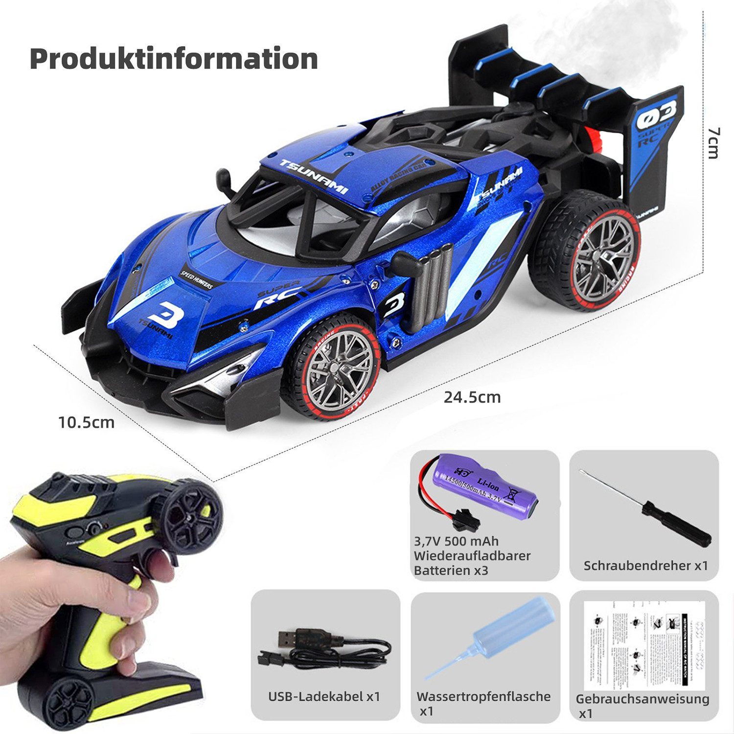 Esun RC-Auto Ferngesteuertes Auto ab 3 4 5 6 8 Jahre, RC Drift Car 1:16 (Komplettset), RC Auto Kinder mit Sprühnebel-LED-Leuchten