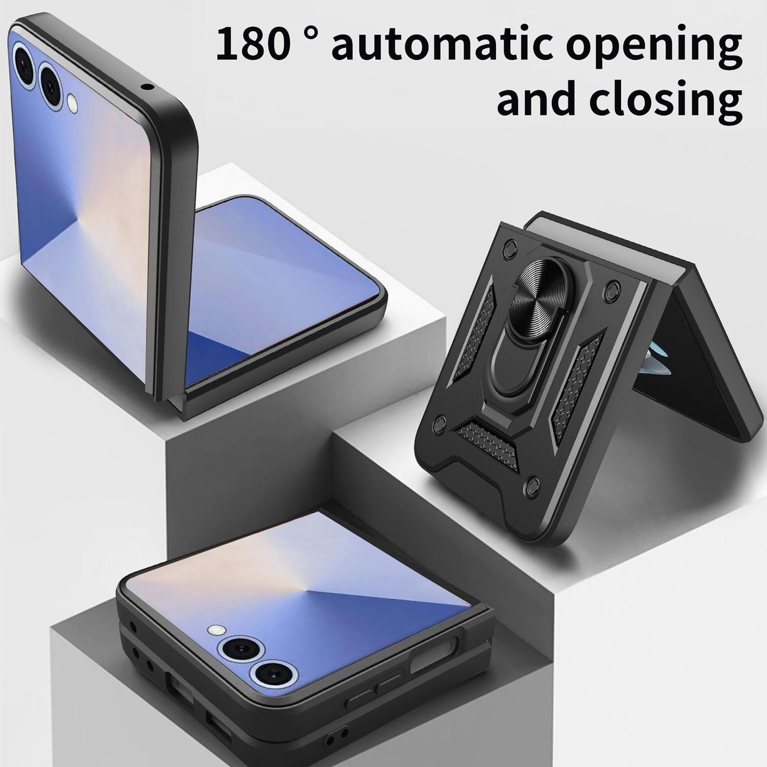 Wigento Handyhülle Für Samsung Galaxy Z Flip7 5G Magnet Ring TPU Hybrid PC Hülle Schwarz, Stoßfest, robust, 360° Ring Halter