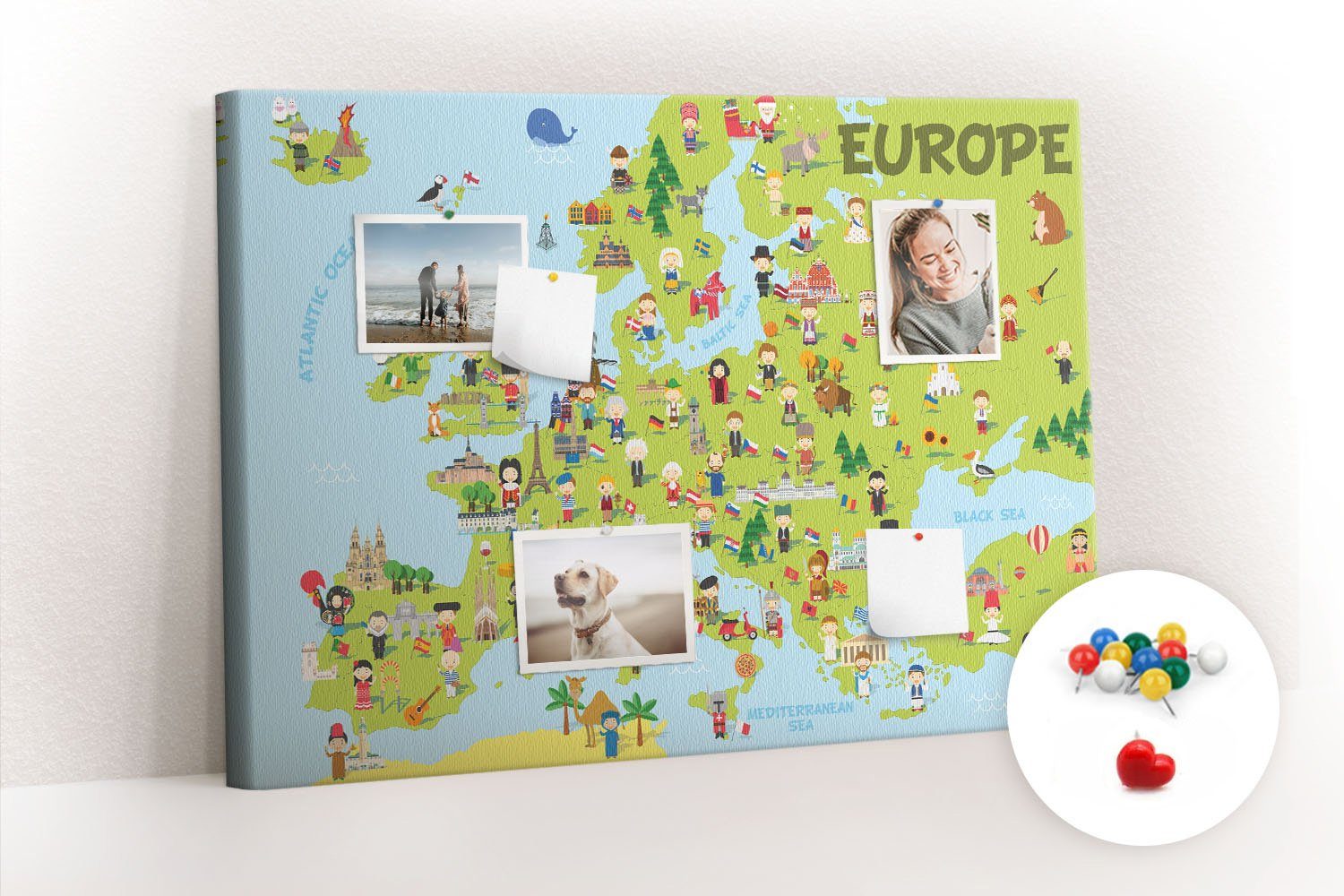 Tulup Pinnwand World Memoboard Stk. XXL 100 Pinnadeln, 70 Pinntafel cm Flaggen 100 cm mit Weltkarte Kork-Oberfläche Weltkarte x mit