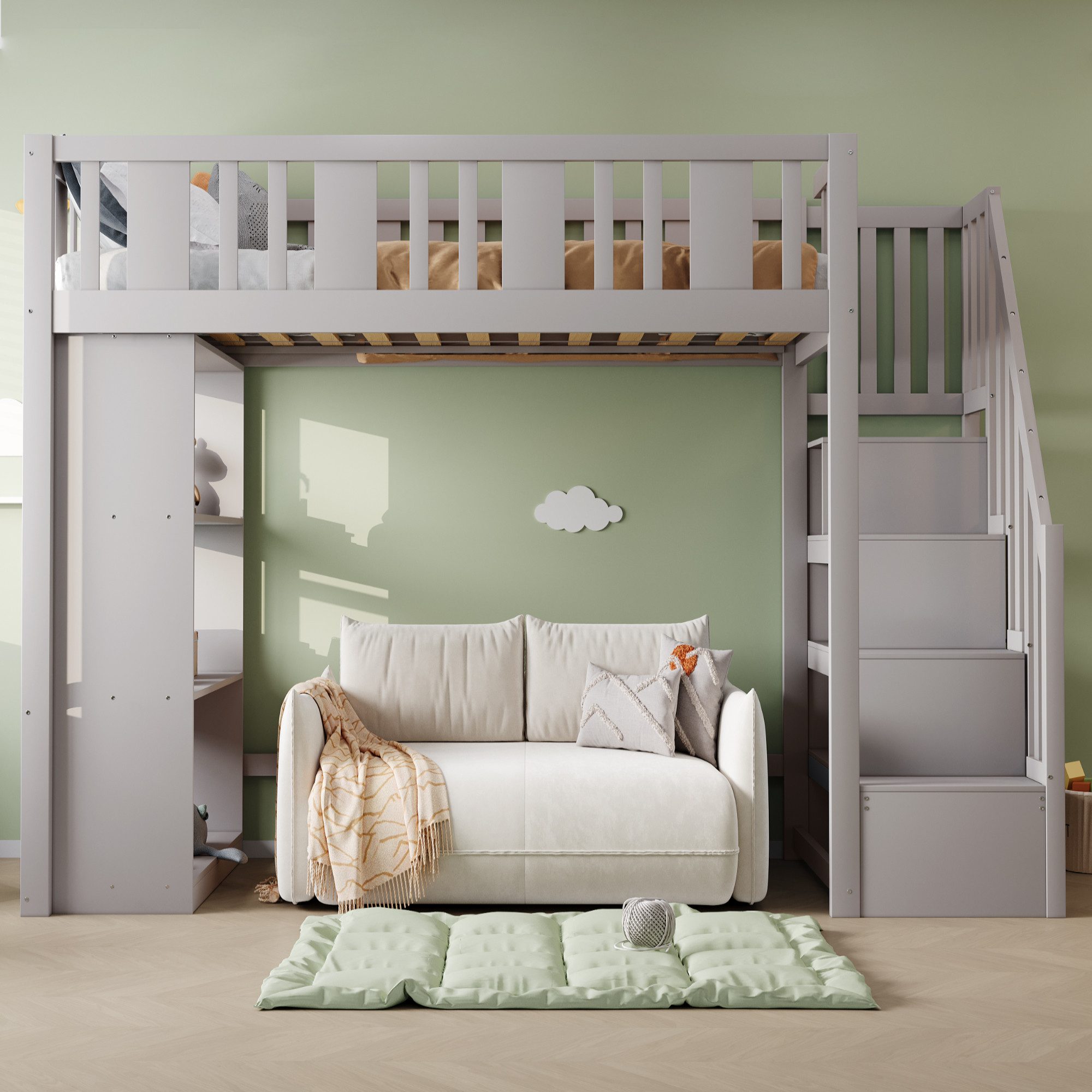 Merax Hochbett 90x200cm mit Stauraumtreppe und Sicherheitsgeländer (1-St) Kieferholz Jugendbett Kinderbett mit 3 großen Staufächern