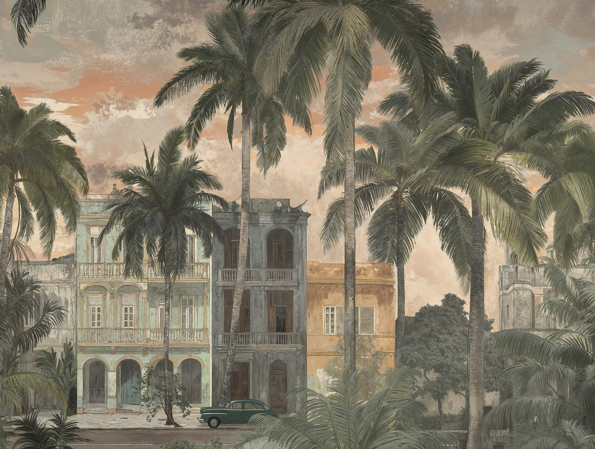 A.S. Création Vliestapete Cuba II Vintage Havana Palms Fototapete, leicht strukturiert, 3D-Optik, Stadt, floral, Tropisches Stadtmotiv mit Palmen und architektonischem Flair
