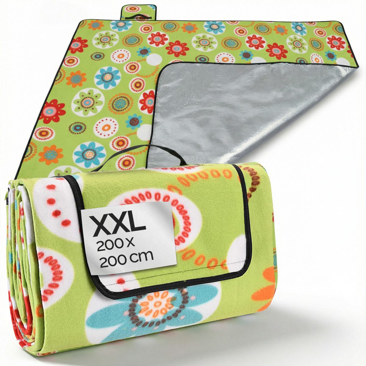 Picknickdecke, Detex, XXL 200x200 cm Wasserdicht Wärmeisoliert 4-6 Personen Blumen