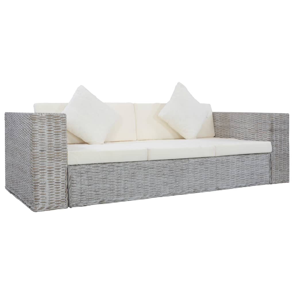 vidaXL Sofa, 3-Sitzer-Sofa mit Kissen Grau Natürliches Rattan