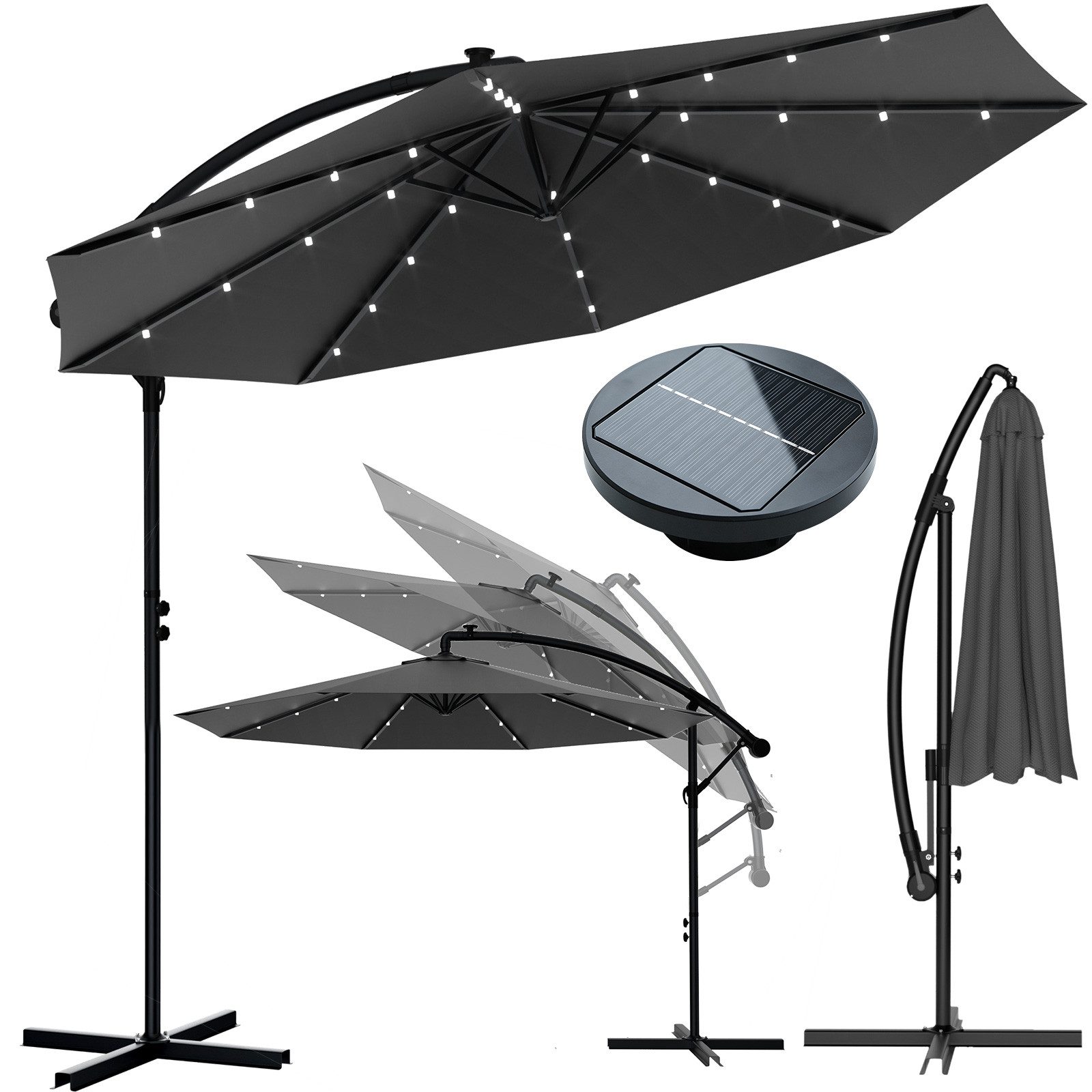 Huracan Sonnenschirm LED Solar Ø 250/300/350cm Ampelschirm mit Kurbel, Ständer, Gartenschirm Balkonschirm UV-Schutz Aluminium wasserdicht 360°neigbar