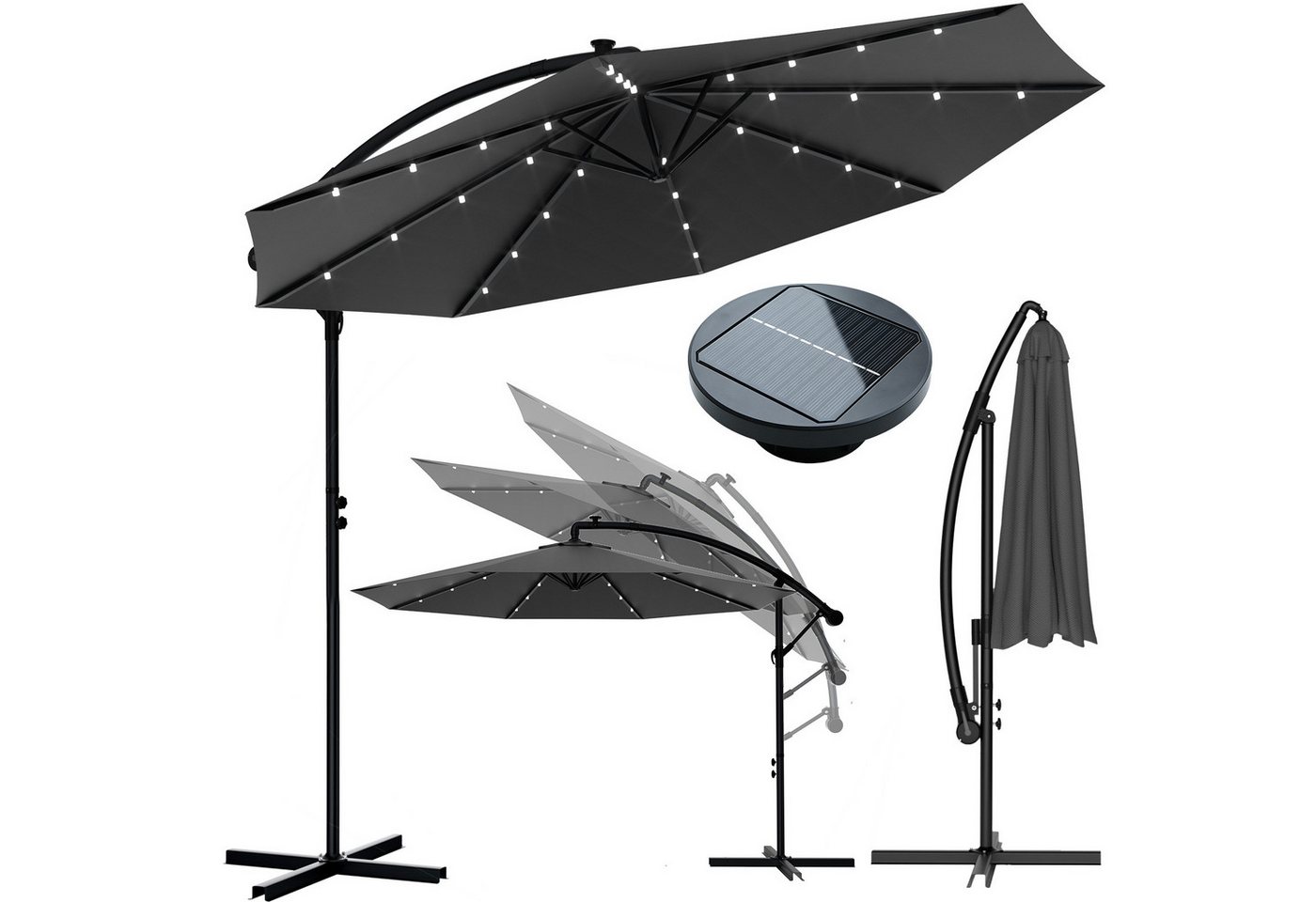 Huracan Sonnenschirm LED Solar Ø 250/300/350cm Ampelschirm mit Kurbel, Ständer, Gartenschirm Balkonschirm UV-Schutz Aluminium wasserdicht 360°neigbar