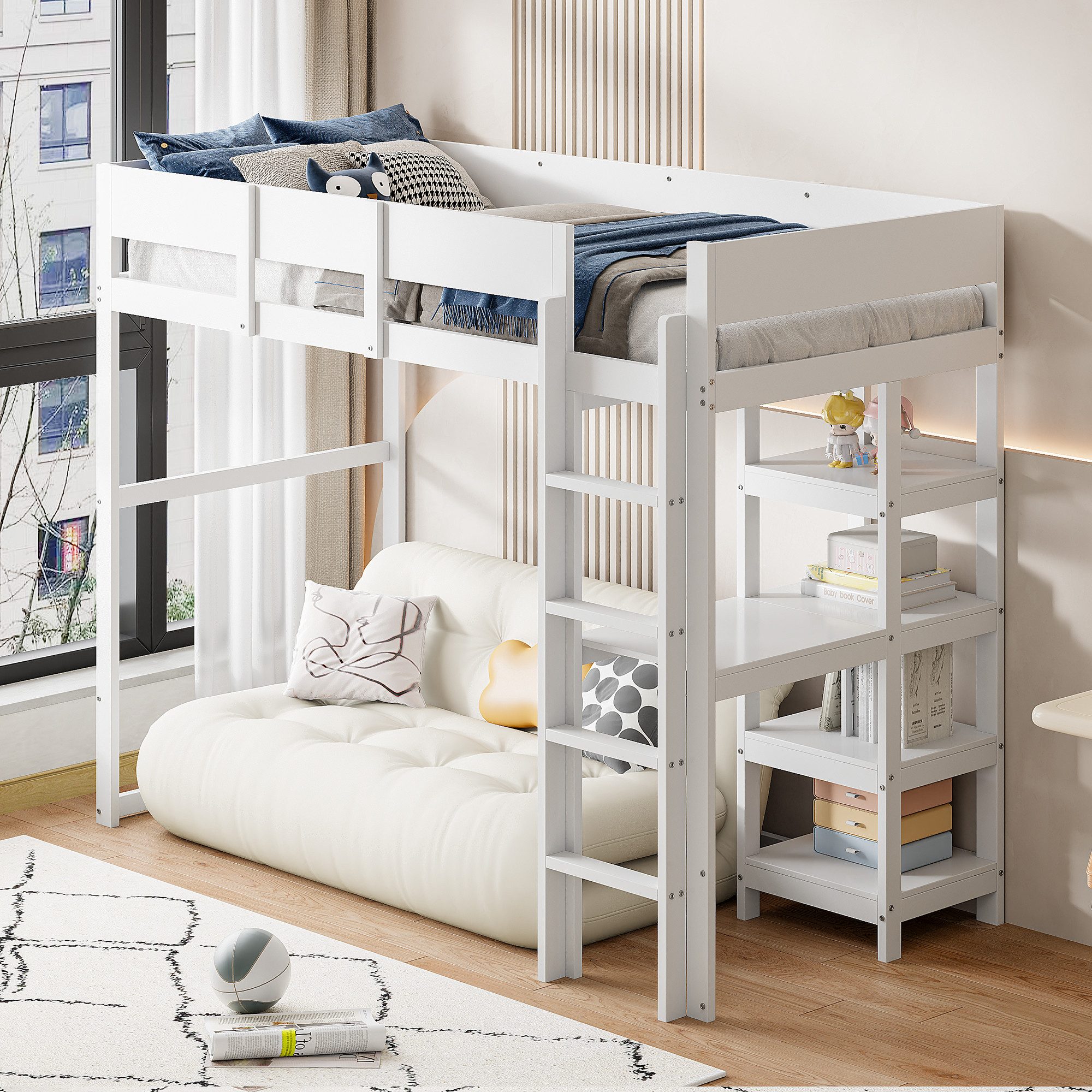 Flieks Hochbett Massivholz Kinderbett 90x200cm mit Tisch und Stauraumregale günstig online kaufen