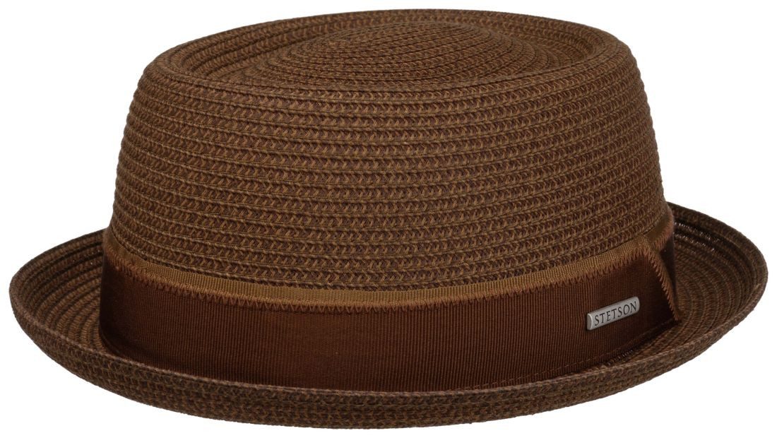 Stetson Strohhut Pork Pie aus Toyo mit breitem Band und Metall-Logo