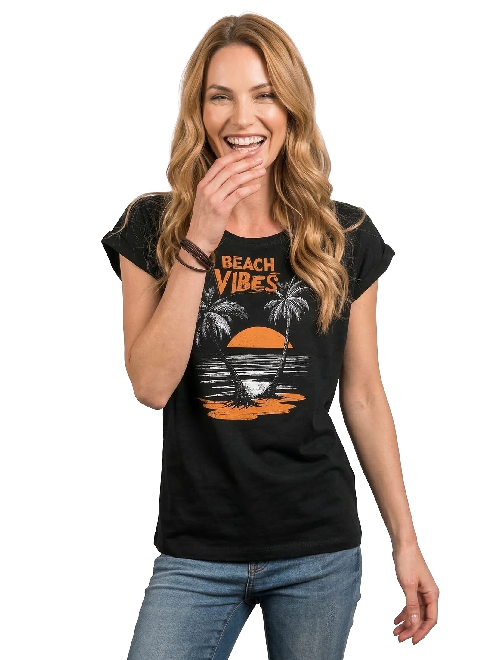 MAKAYA T-Shirt Vintage Damen-Top im Boho Stil – Palmen Sunset & Beachprint (Schwarz, Blau, 34, 36, 38, 40, 42, 44, 46, 48, 50) Baumwolle