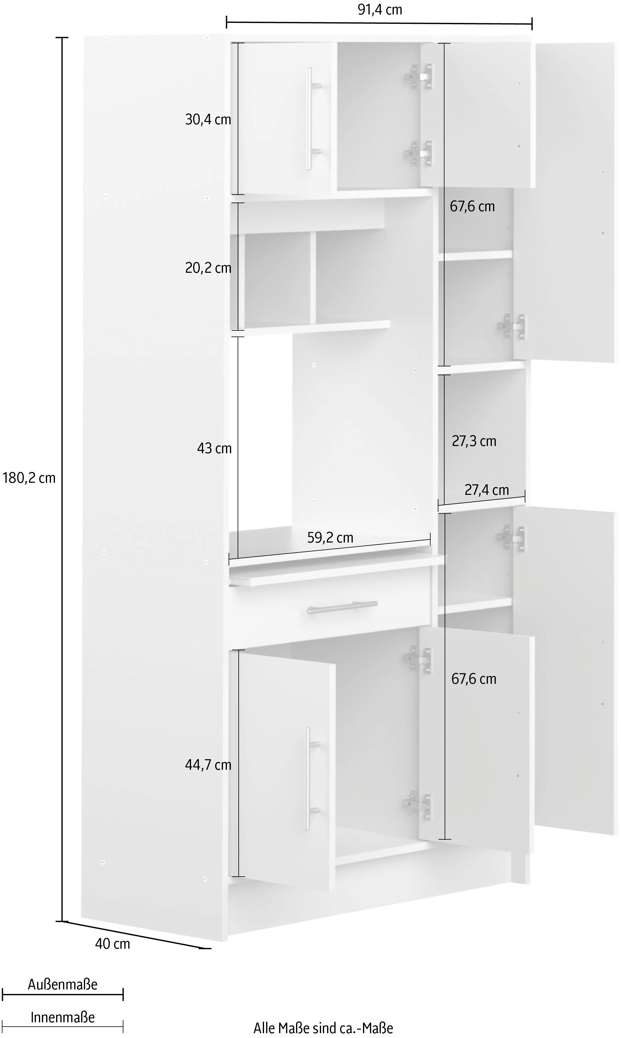 | mit Höhe Schrank, TemaHome ausziehbarer eine für weiß Fach Mikrowelle, Küchenbuffet Weiß 180 Louise cm