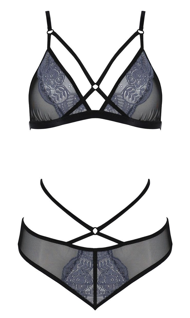 Avanua Set: Bügelloser BH und Slip aus transparentem Mesh mit floraler Spitze und Zierbändern