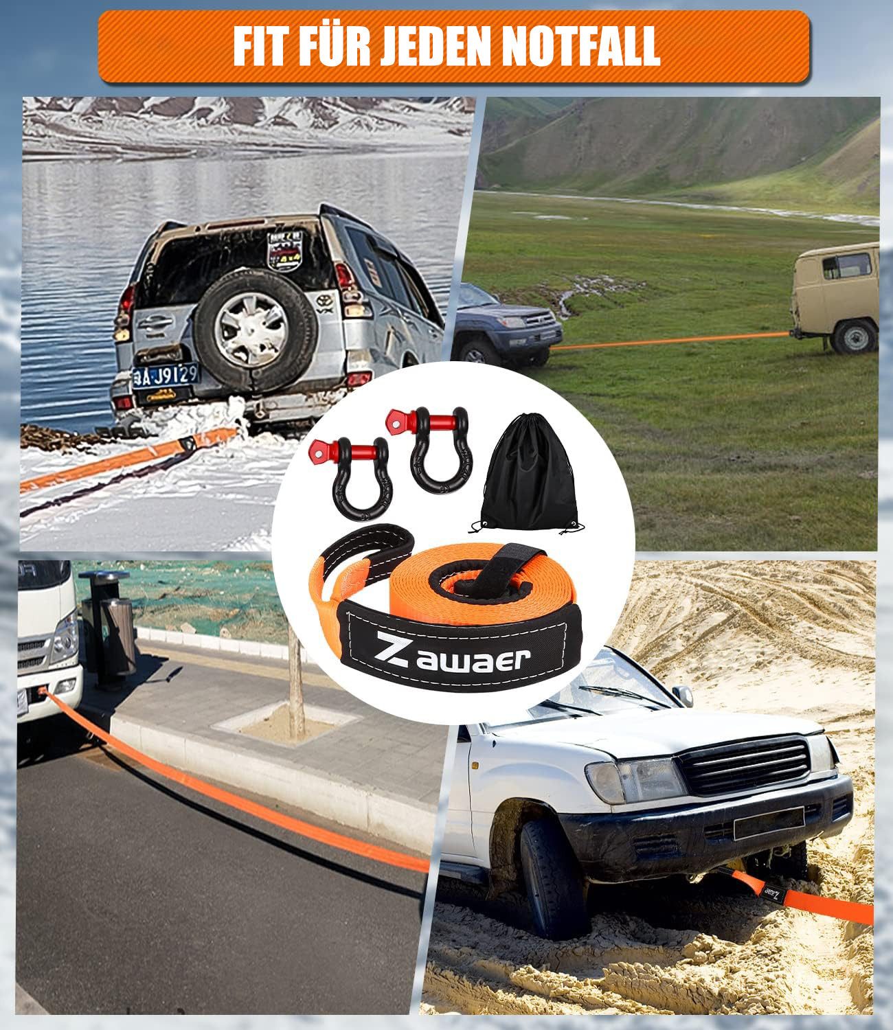 SinLaw Car Tow Rope, 10T Tow Strap, with High-Strength Shackle Tow Rope (1-piece)