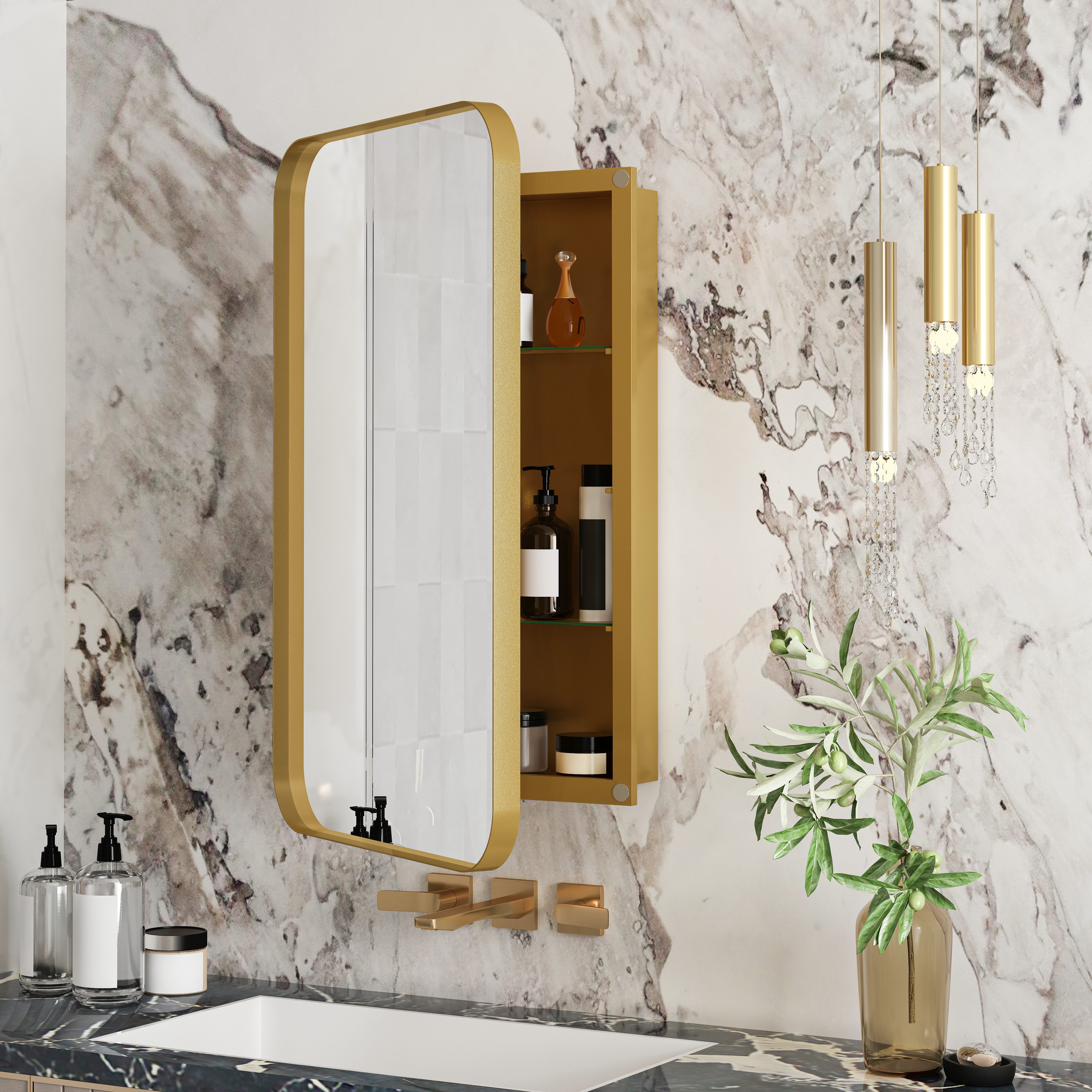 REDOM Spiegelschrank Metallgerahmter Wandschrank mit Spiegel und flexiblen günstig online kaufen