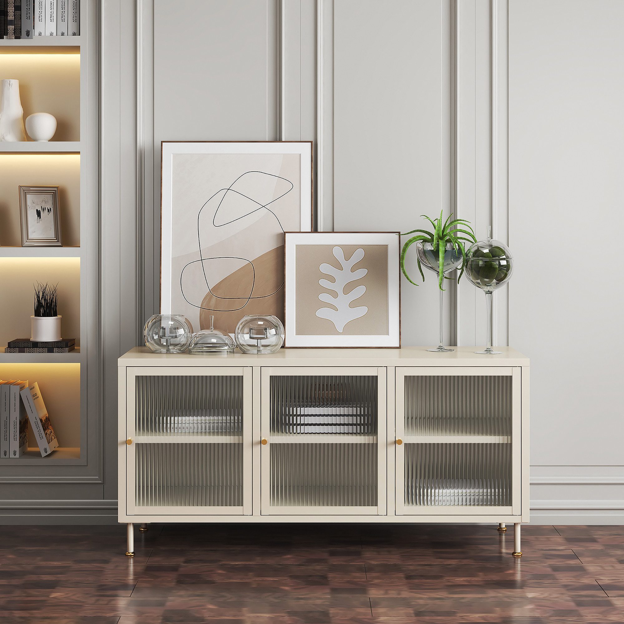 en.casa TV-Schrank »Lindau« mit 3 Glastüren Stahl 120 x 40 x 59 cm Cremeweiß