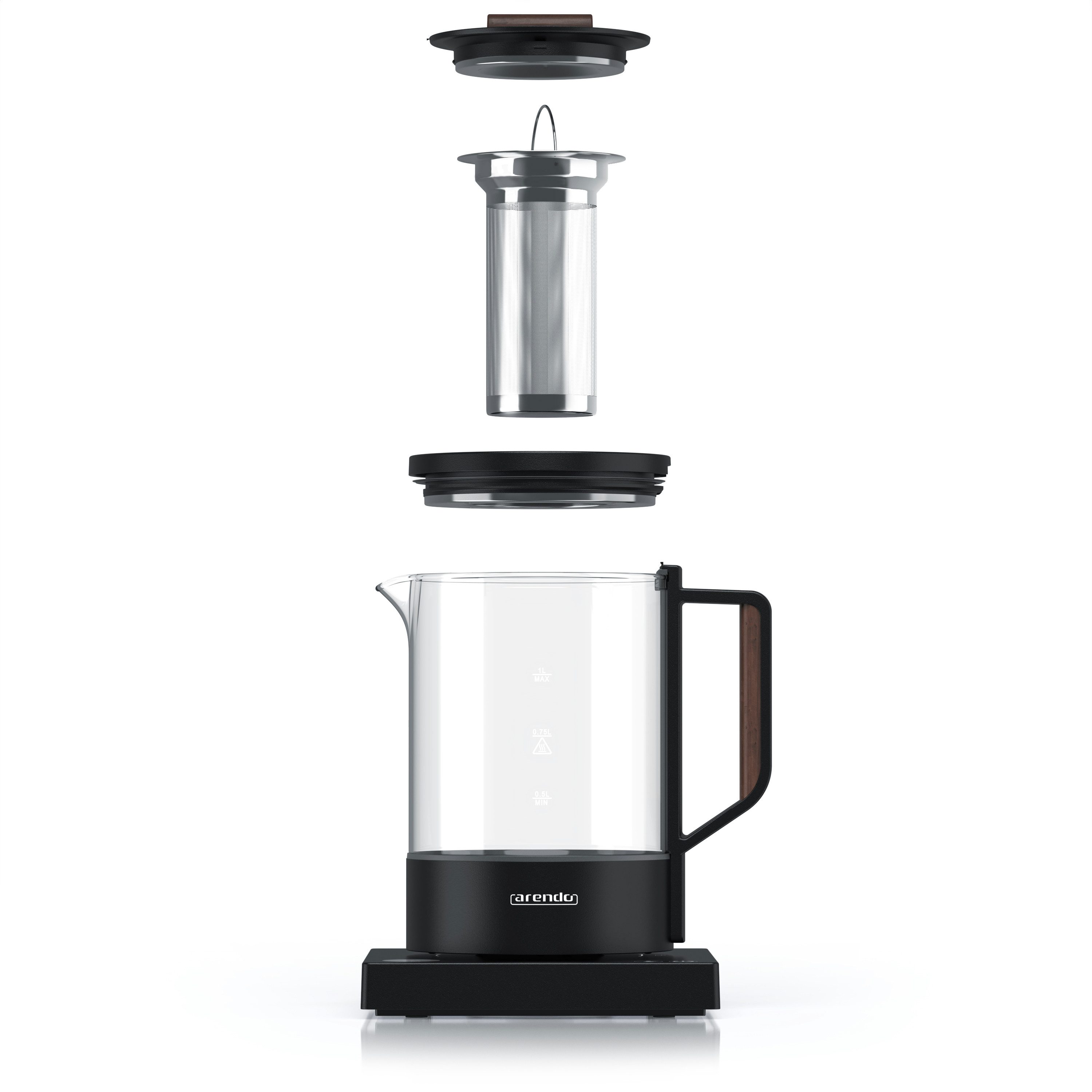 Arendo Wasserkocher Glas, Edelstahl Teesieb, Temperatureinstellung 40°–100°C mit Anzeige, 1 l, 800 W, präzise Temperaturmessung, in 5‑°C‑Schritten einstellbar, BPA-frei