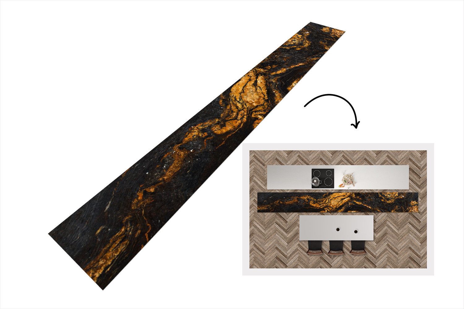 MuchoWow Küchenläufer Marmor - Limette - Schwarz - Gold - Marmoroptik - Luxus, Rechteckig, Küchenteppich, Läufer für Flur, Rutschfest, Deko Küche, 480x60 cm