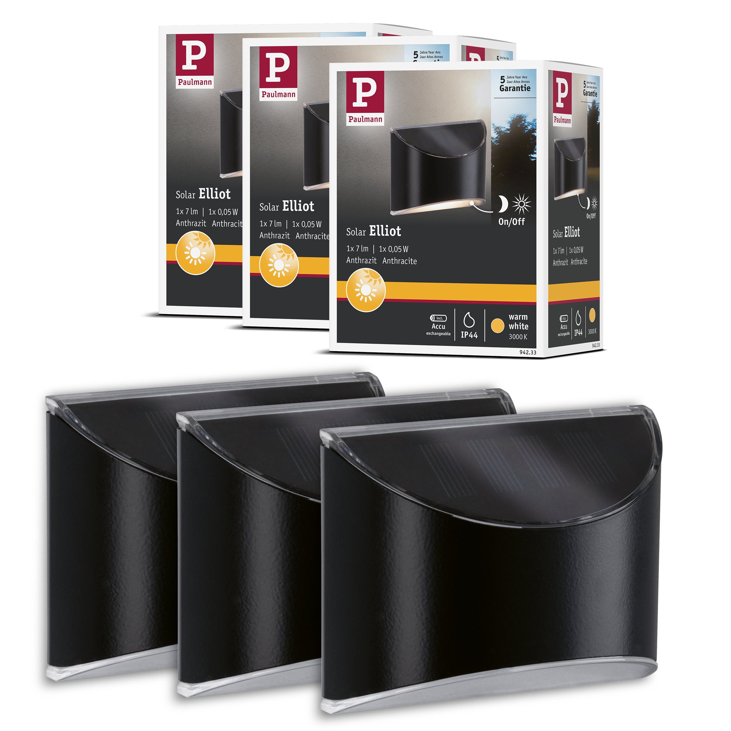 Paulmann LED Wandleuchte Set Solar LED Wegeleuchte Elliot 3er-Set IP44 3000K 3x5lm Anthrazit
