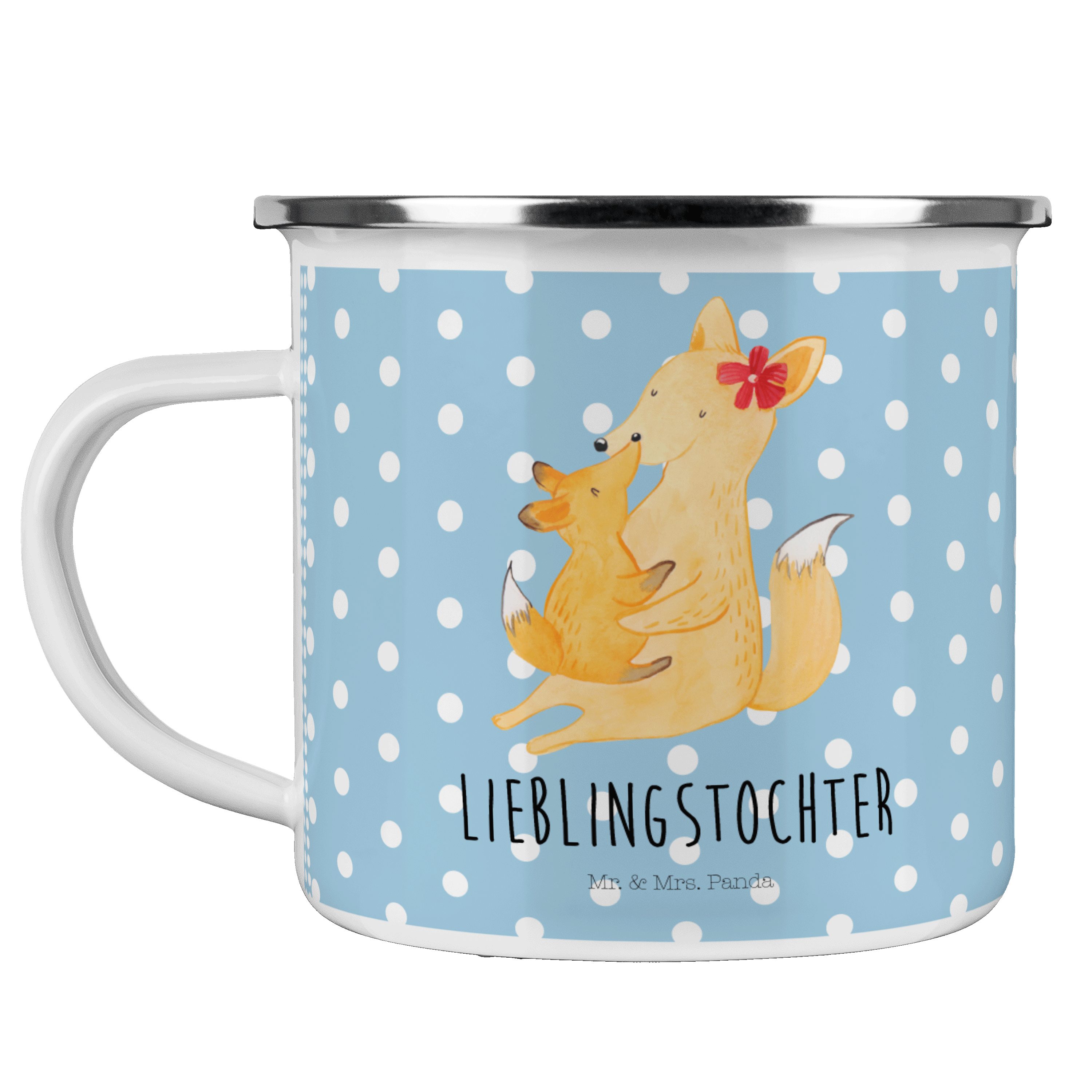 Mr. & Mrs. Panda Becher Fuchs Mama & Kind - Blau Pastell - Geschenk, Emaille Campingbecher, u, Emaille