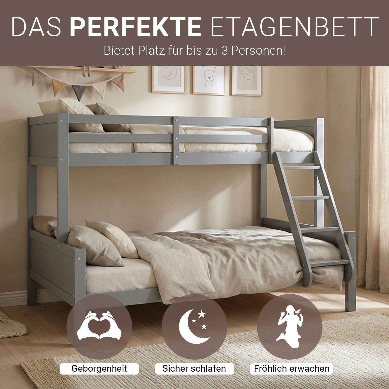Homestyle4u Etagenbett 90x200 140x200 Weiß Grau Geschwister Lattenrost Kinderzimmer Hochbett (Set, mit 2x Lattenrost), Grau, Stockbett, 2 Liegeflächen, mit Rausfallschutz
