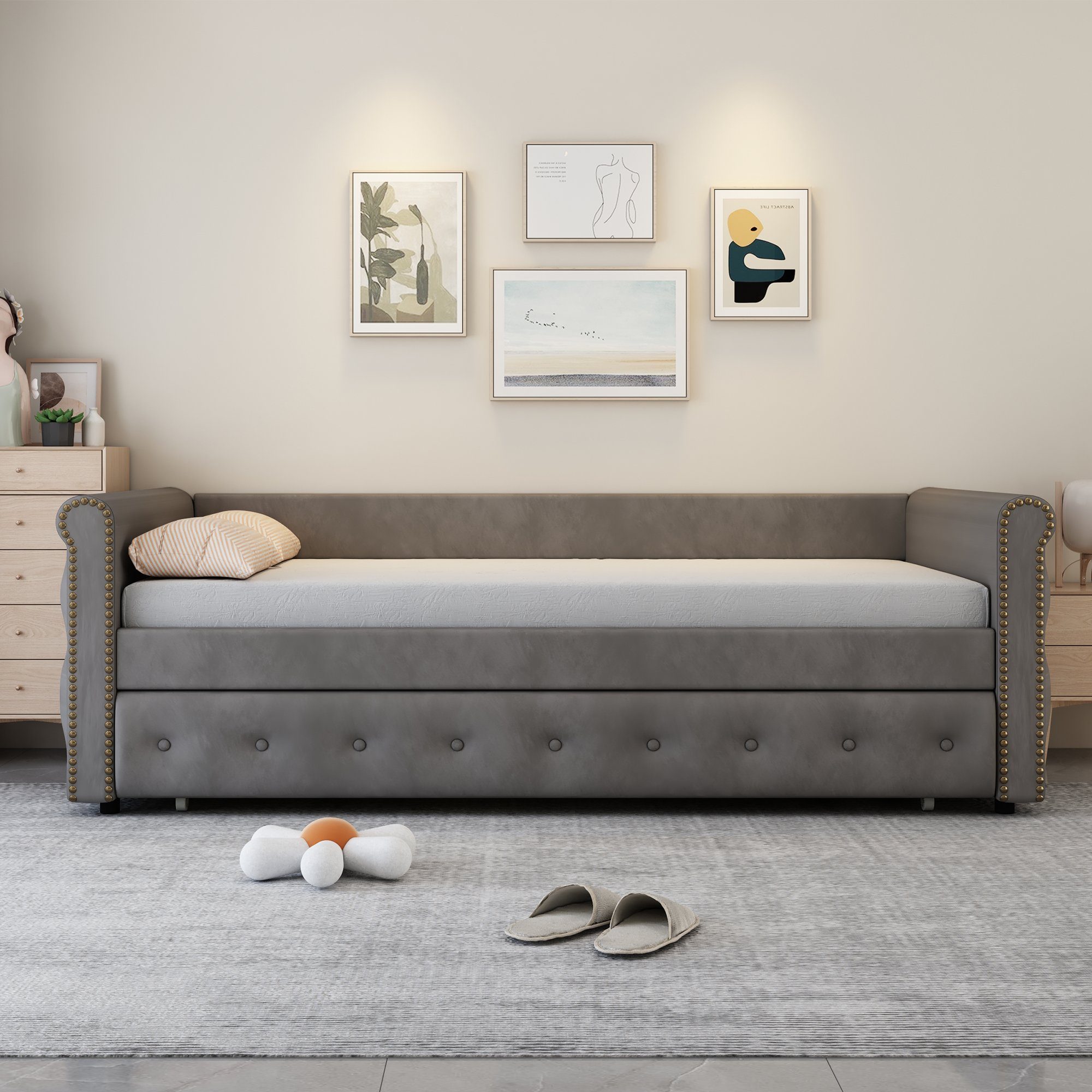 grau Unterbett 90x200cm Samt Tagesbett Schlafsofa Polsterbett Daybett, mit Flieks