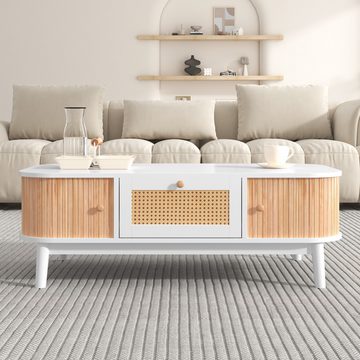 Ulife TV-Schrank Couchtisch Rattan-Kaffeetisch Massivholzbeine Natürlicher Landhausstil Schubladen mit Rattan und Schiebetüren mit Massivholzlatten