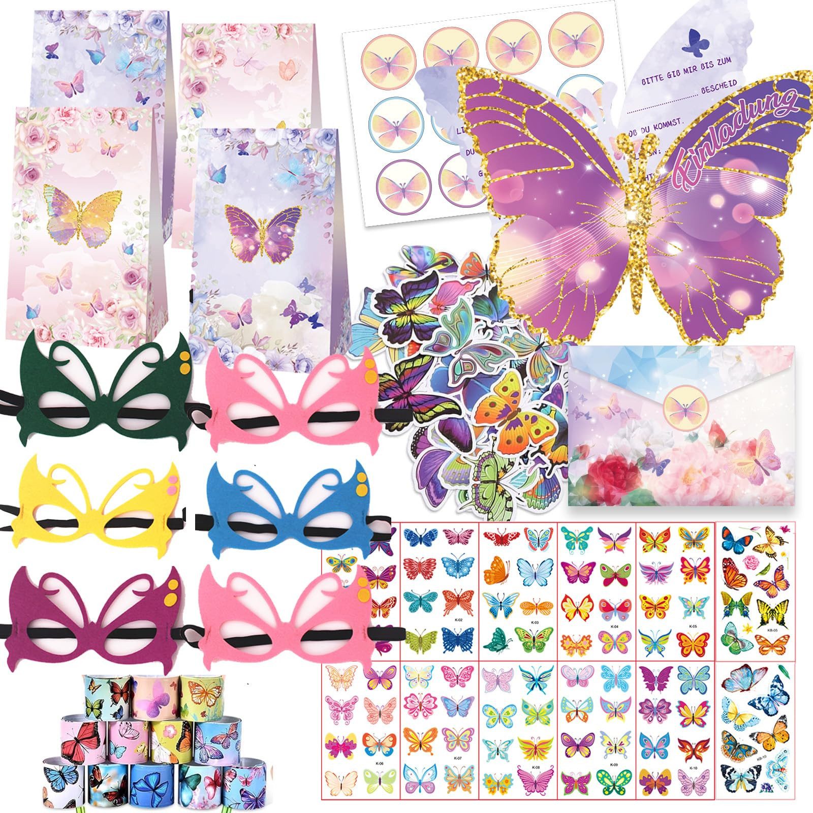 CLTYQ Spielesammlung 110 Stück Schmetterling Party Mitgebsel Kindergeburtstag, Einladungskarte Mask Schnapparmband Kinder Tattoos Aufkleber