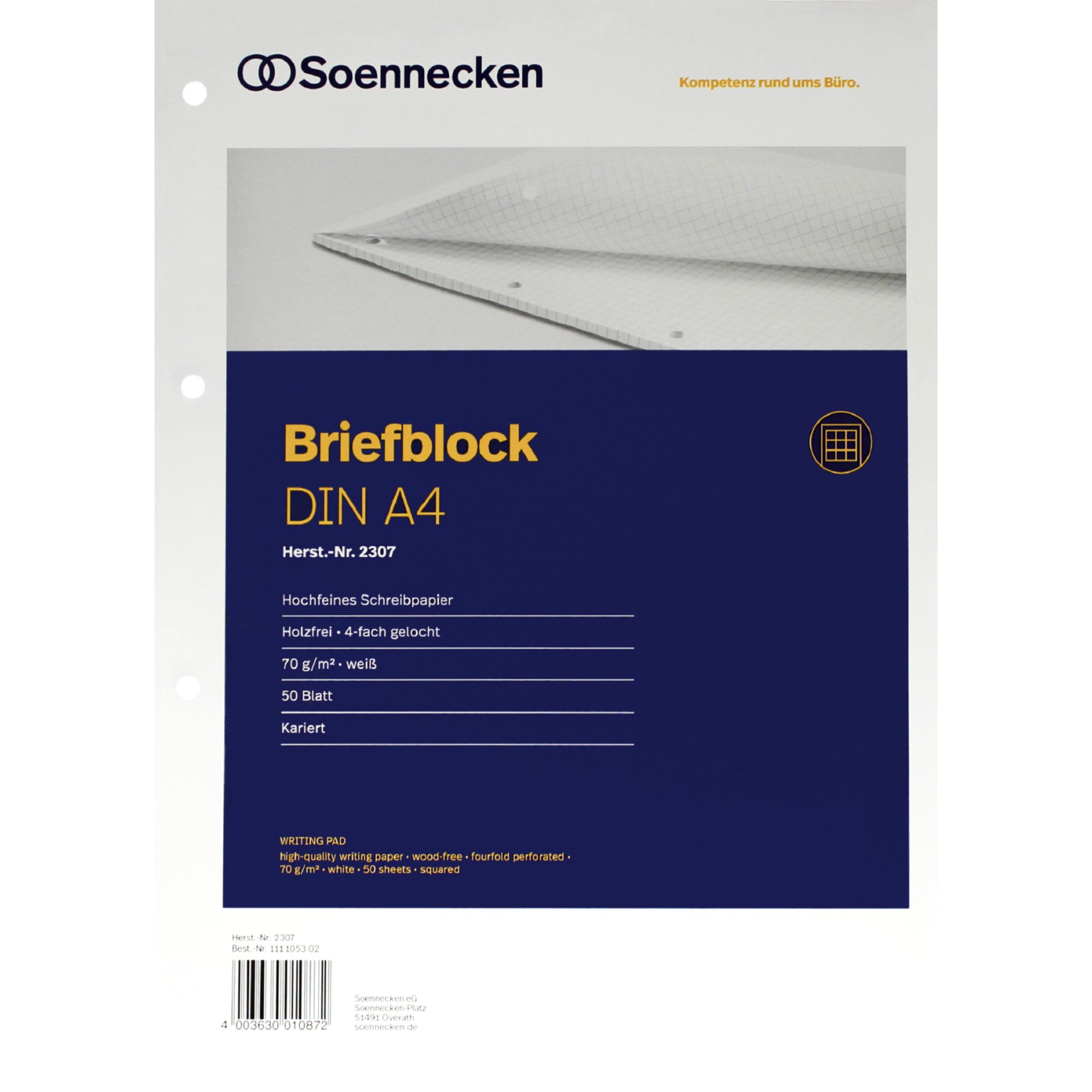 Soennecken Notenblock Briefblock 2307 DIN A4 gelocht kariert 50 Blatt weiß (10 Stück)