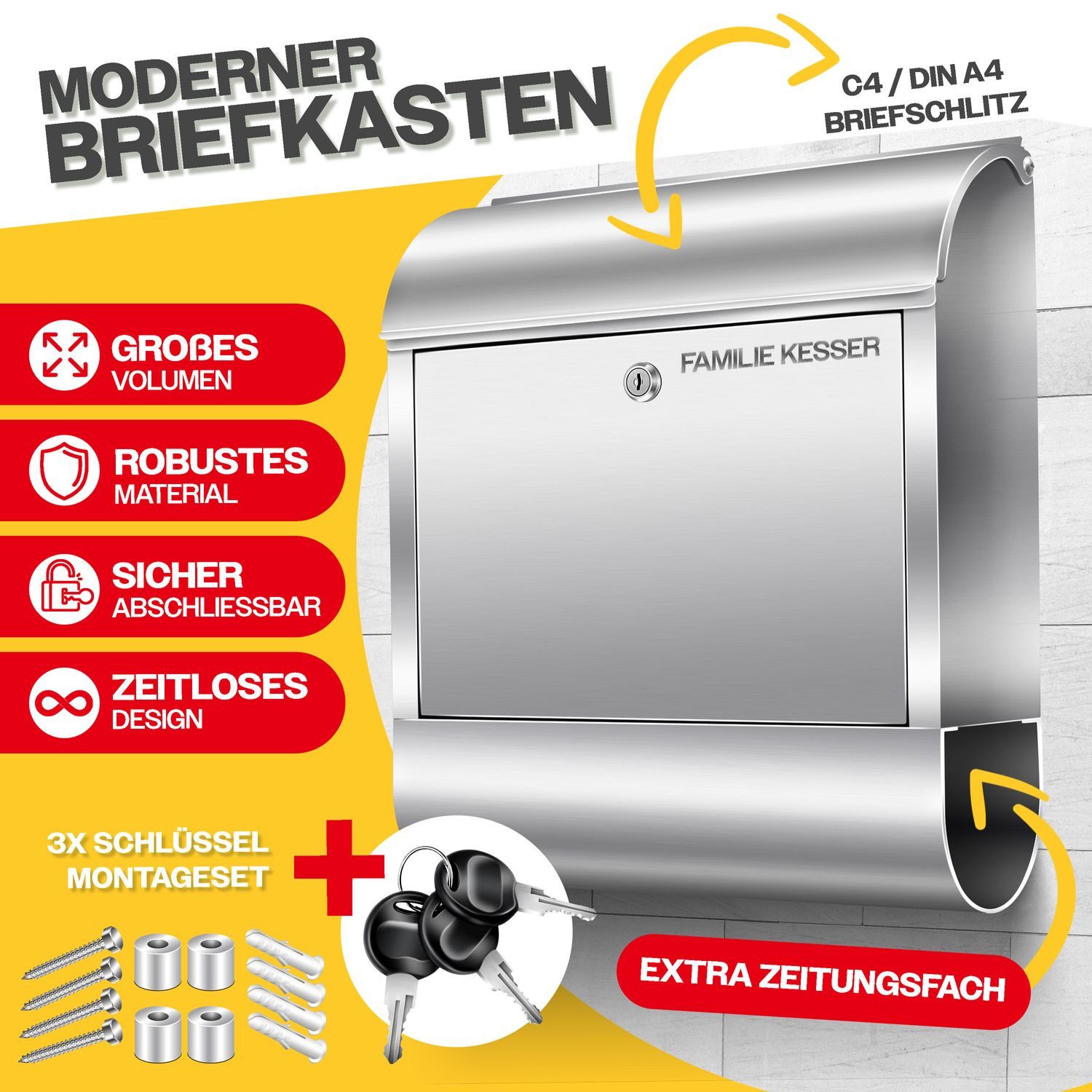 Thumbnail - KESSER Briefkasten, Wandbriefkasten aus Edelstahl mit Zeitungsfach gebürstet 3x Schlüssel