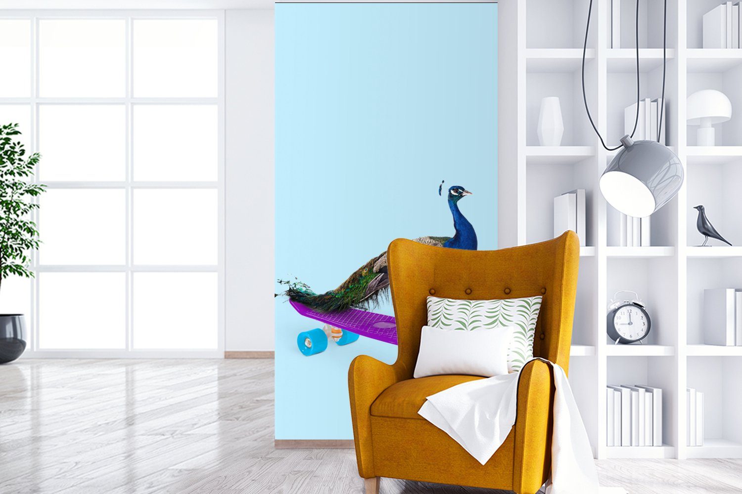 - MuchoWow Tiere Küche, Pfau - Schlafzimmer Fototapete bedruckt, Fototapete Lustig, Matt, für - Skateboard Wohnzimmer Vliestapete Blau - St), (2