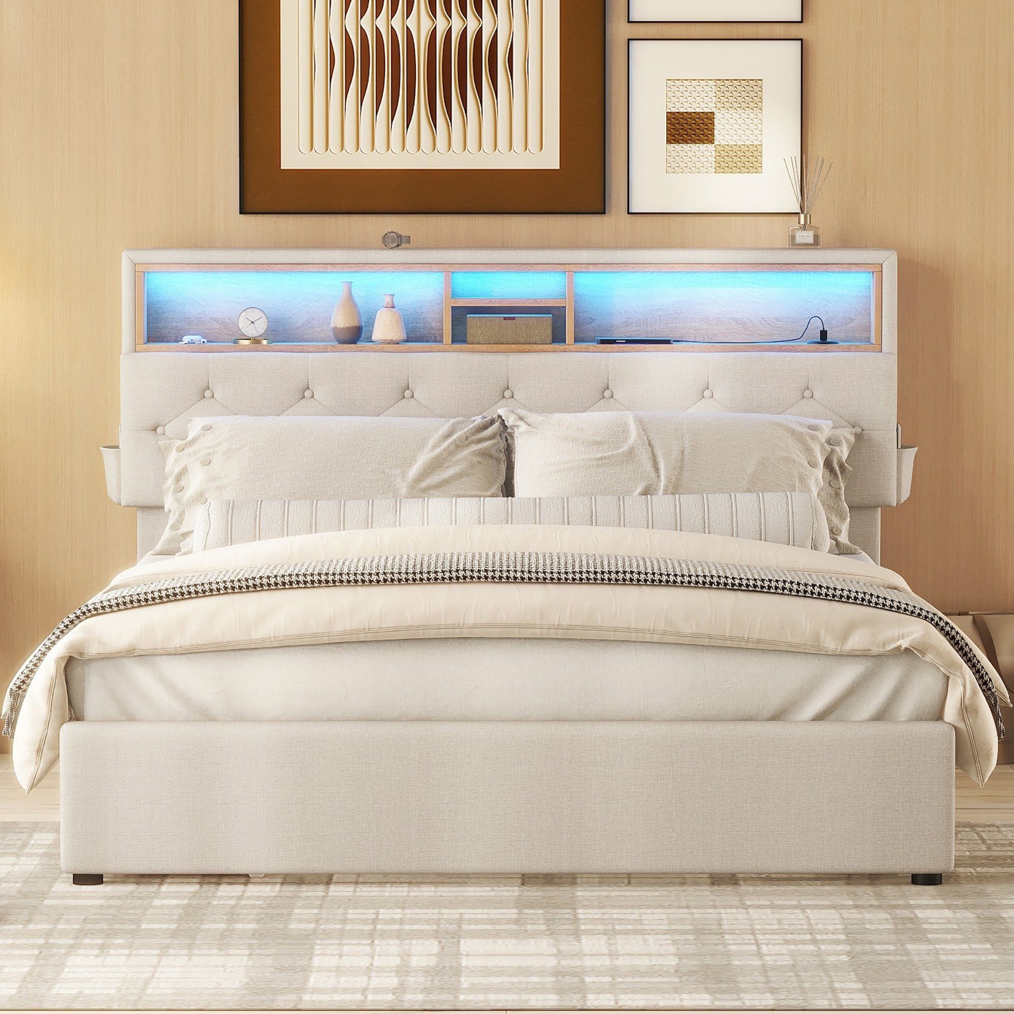 OKWISH Polsterbett Doppelbett Stauraumbett mit Lattenrost ohne Matratze (Funktionsbett mit vier Schubladen, verstellbares Kopfteil, mit USB-Aufladung und LED-Beleuchtung 140 x 200 cm), mit aufladen USB und LED-Beleuchtung