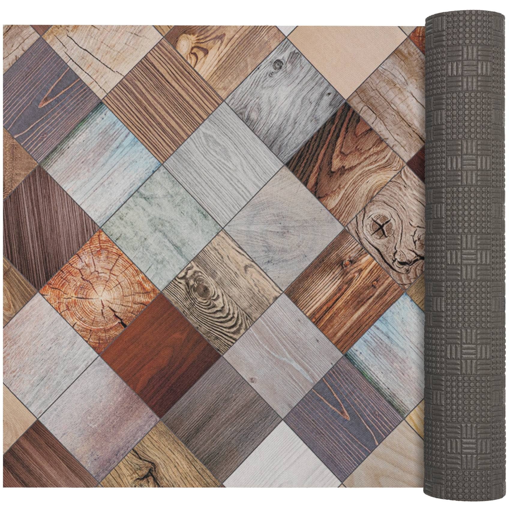 ANRO Küchenläufer LUIGI Holz Patchwork pflegeleicht hochwertig Flurläufer Küchenteppich, eckig, Höhe: 3 mm, Teppichläufer 100cm Vintage Bunt wasserdicht