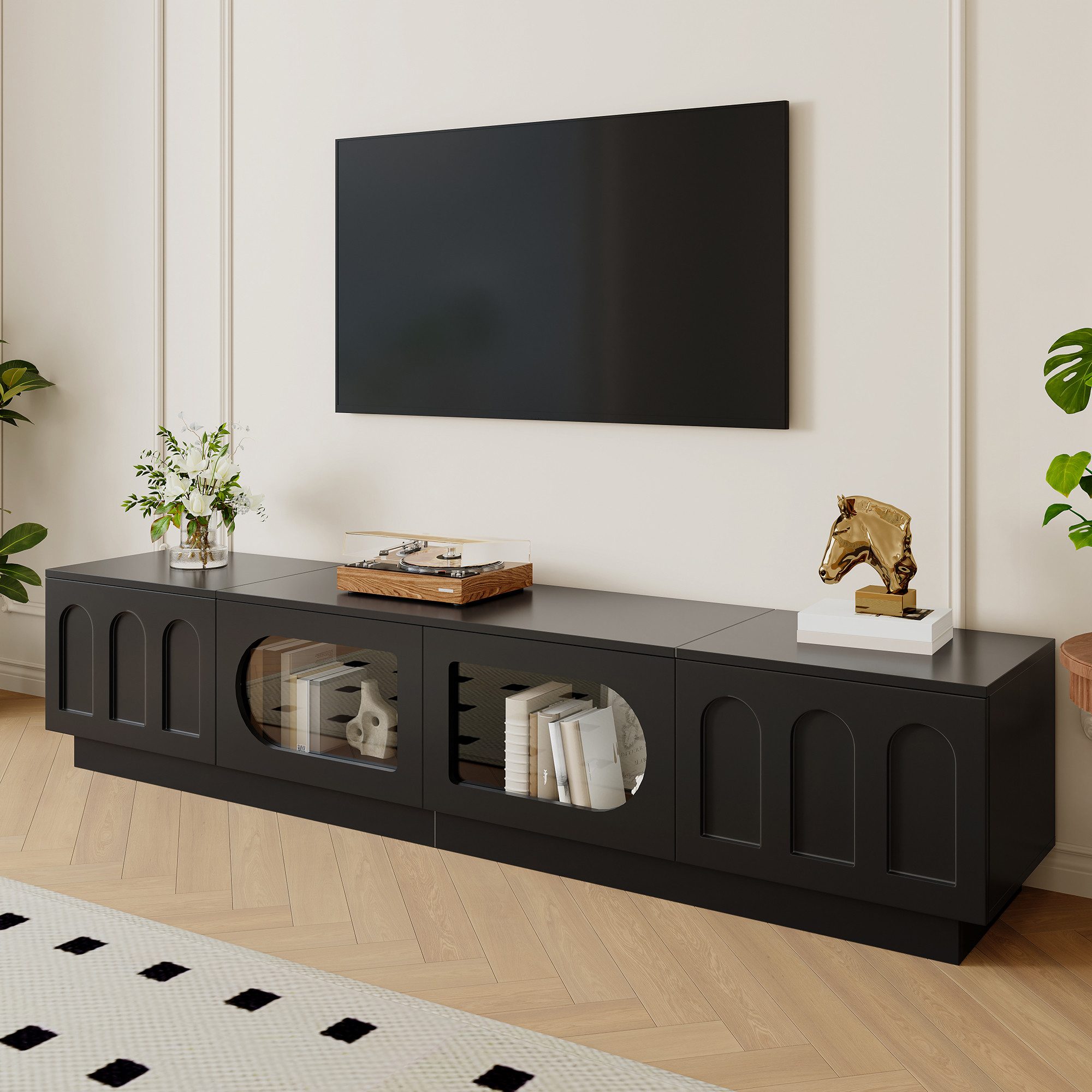 Merax Lowboard mit LED-Beleuchtung und APP-Steuerung, Fernsehtisch Fernsehschrank (1 St., 200 x 40 x 42 cm), TV-Schrank mit 2 Glastüren, 2 Türen mit Bogenrelief – Bild 3 von 5