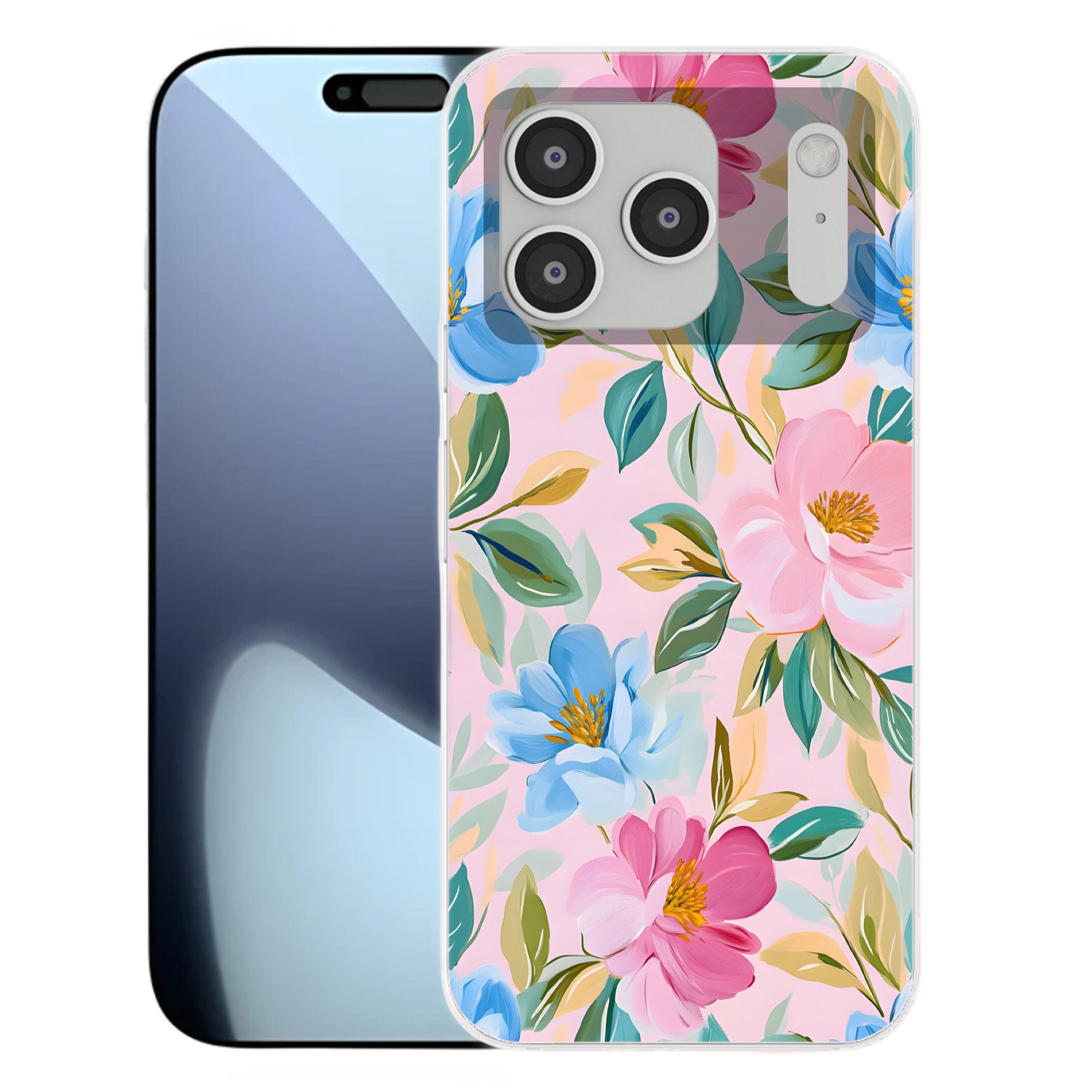MuchoWow Handyhülle für Apple iPhone 17 Pro Blau - Rosa - Blumen, Smartphone-Bumper, Print, Handy Schutzhülle Dünn