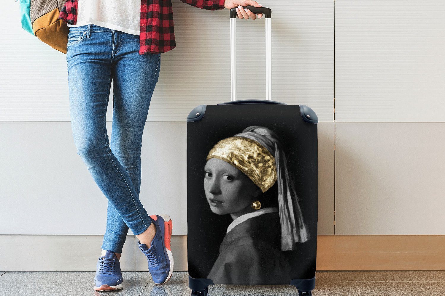 MuchoWow Reisetasche Vermeer Gold, Mädchen mit rollen, - für Rollen, - Trolley, Reisekoffer Ferien, mit Perlenohrring einem 4 Handgepäckkoffer Johannes Handgepäck