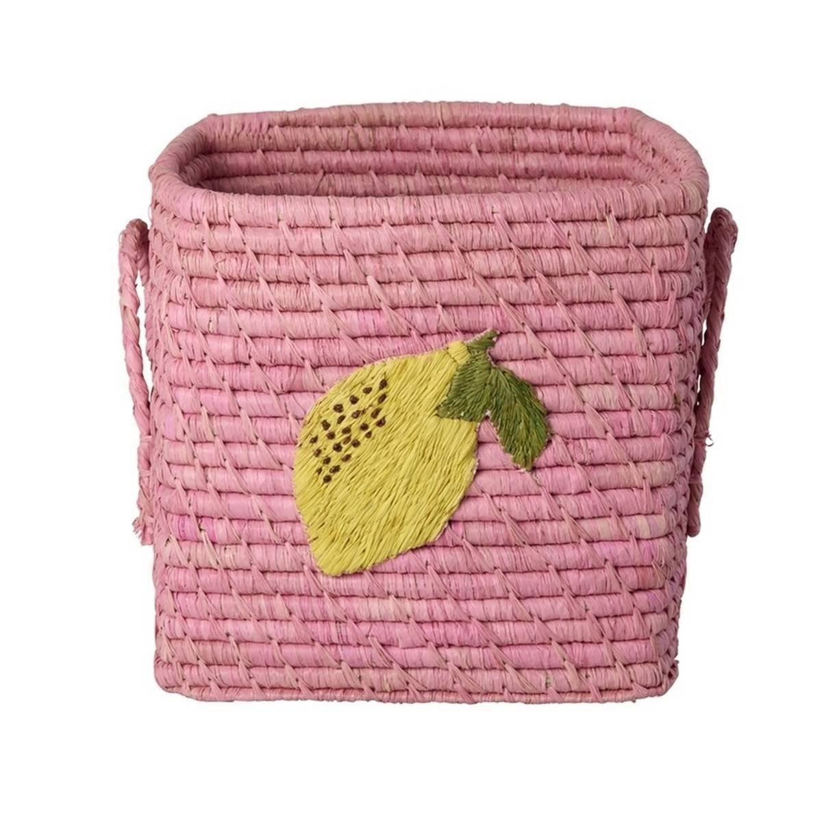 rice Aufbewahrungskorb Raffia Korb rosa mit Zitronenmotiv, handgefertigt, 20 cm