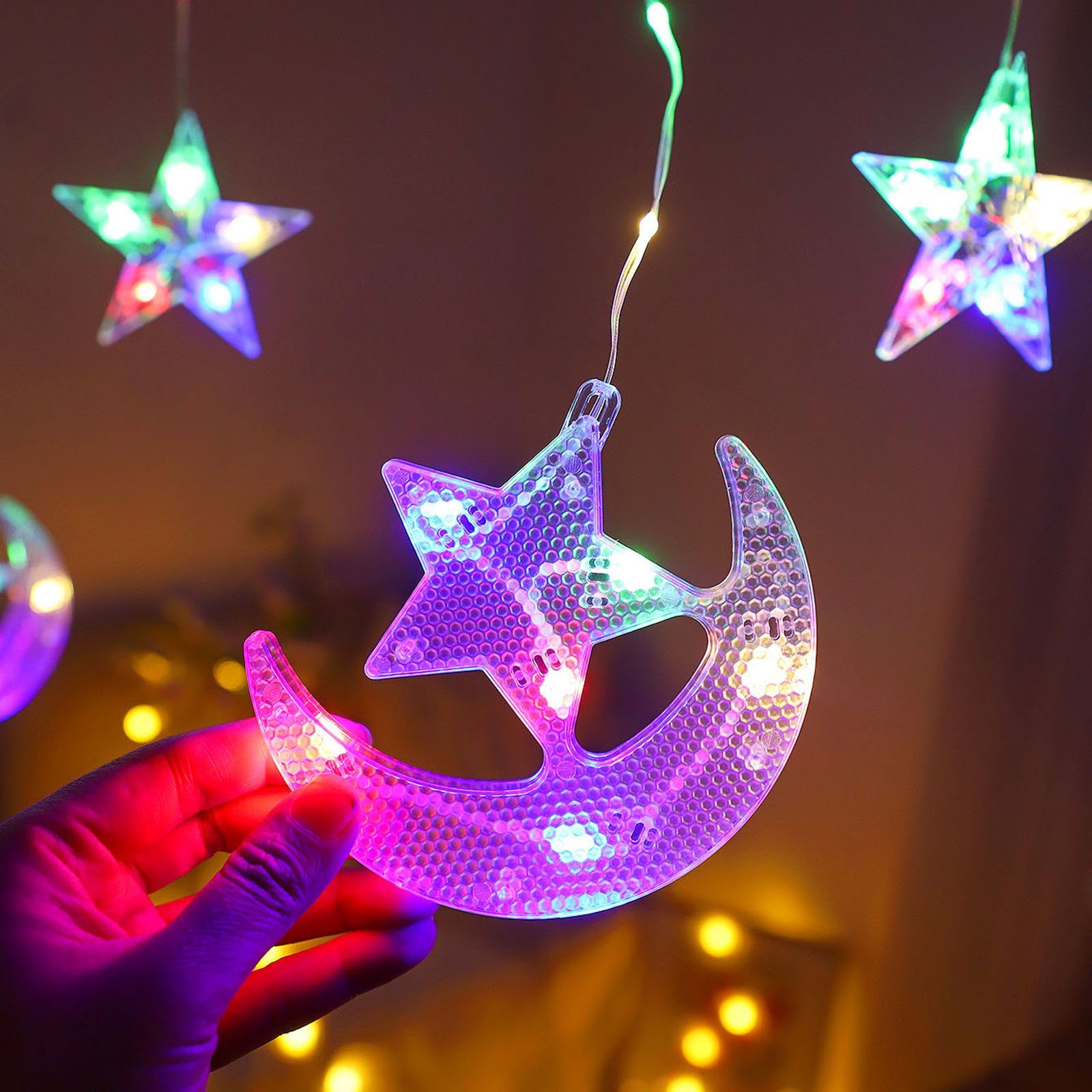 Rosnek LED-Lichtervorhang 2.3M, batterie, Camping Zelt Multicolor Schlafzimmer mit Ramadan Stern, Weihnachten, für Party Mond